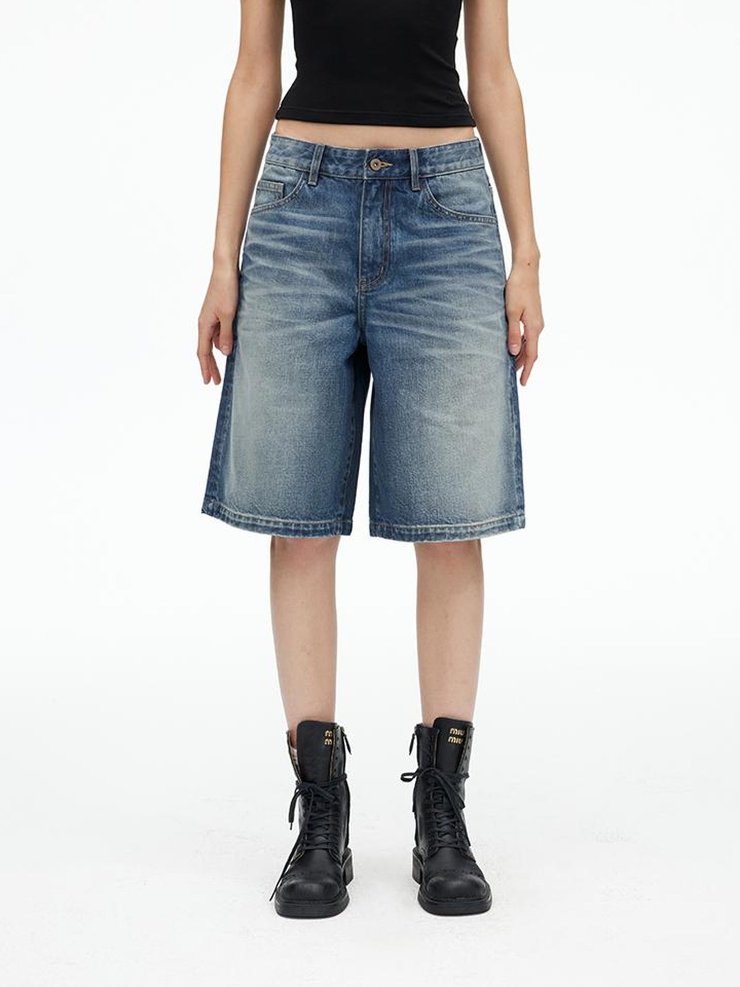 AFTADAWN Vintage Indigo Washed Distressed Denim Shorts