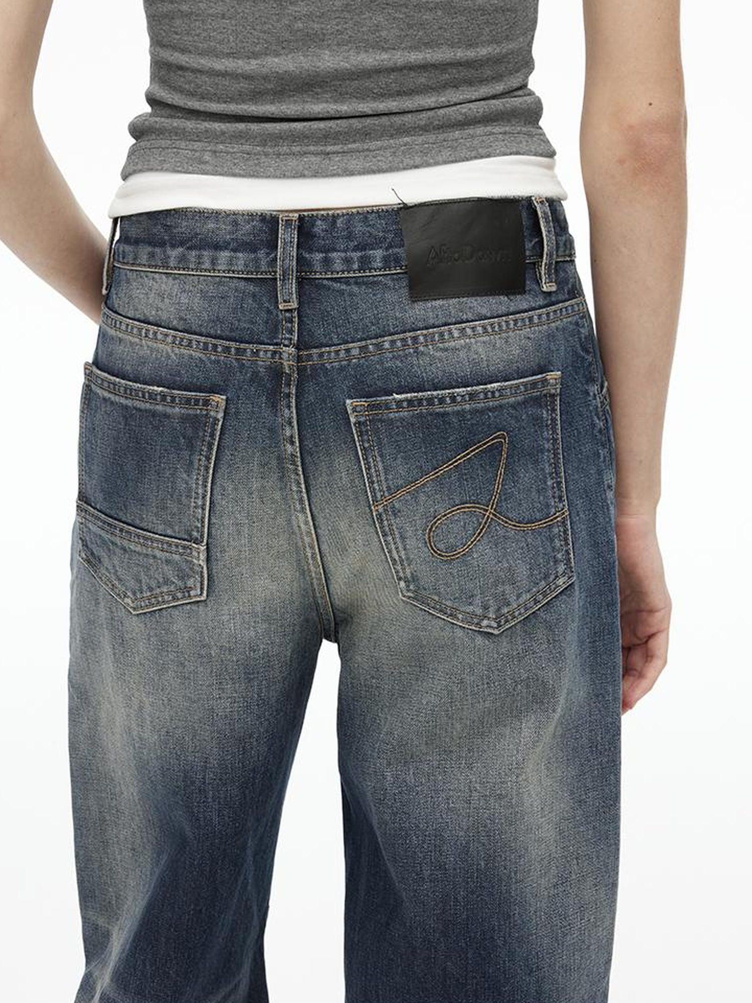 AFTADAWN Vintage Indigo Washed Low Rise Wide Leg Denim Trousers