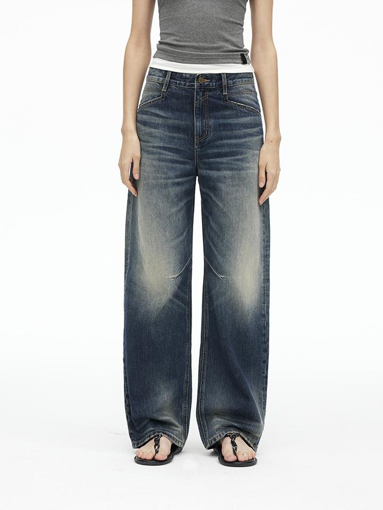 AFTADAWN Vintage Indigo Washed Low Rise Wide Leg Denim Trousers