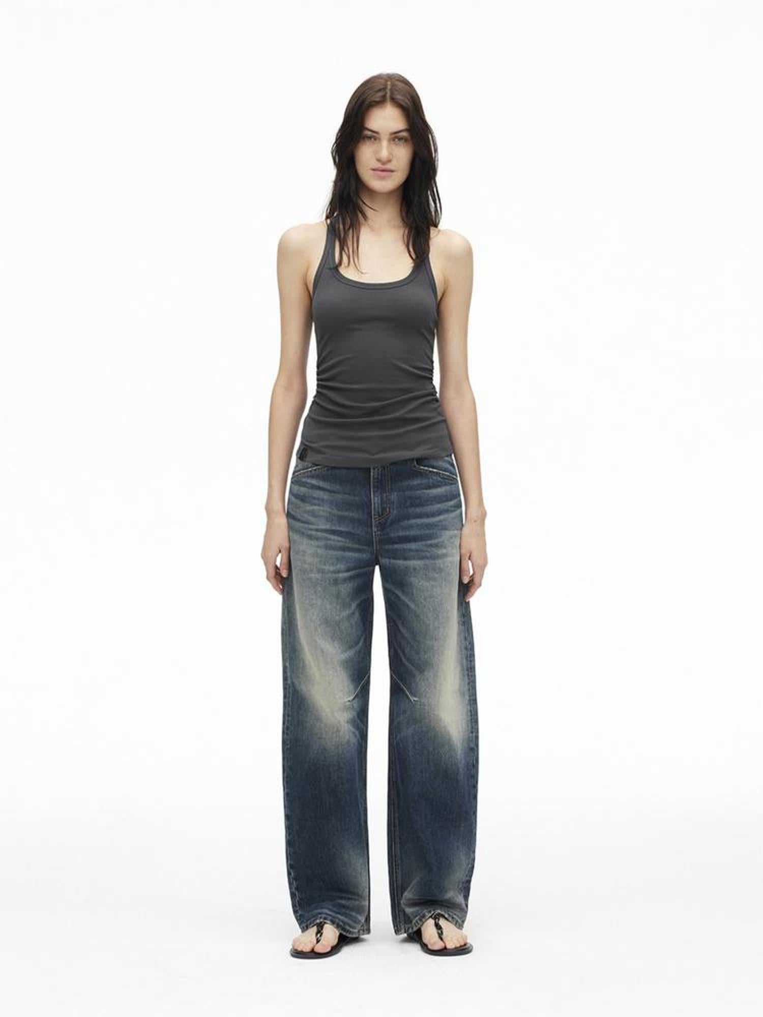 AFTADAWN Vintage Indigo Washed Low Rise Wide Leg Denim Trousers