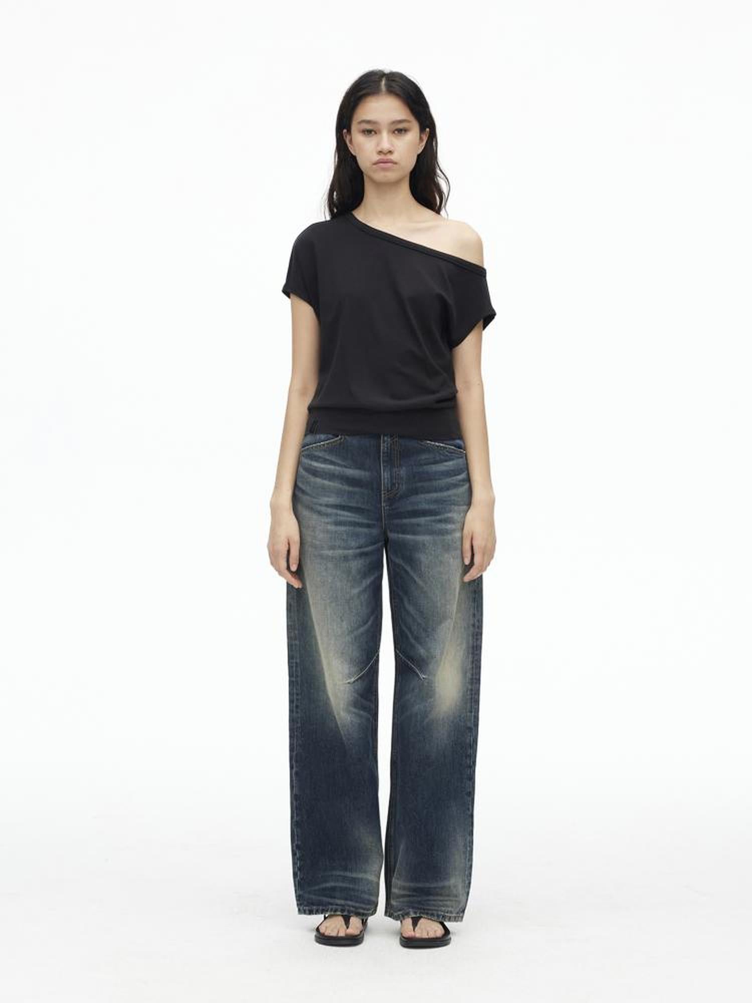 AFTADAWN Vintage Indigo Washed Low Rise Wide Leg Denim Trousers