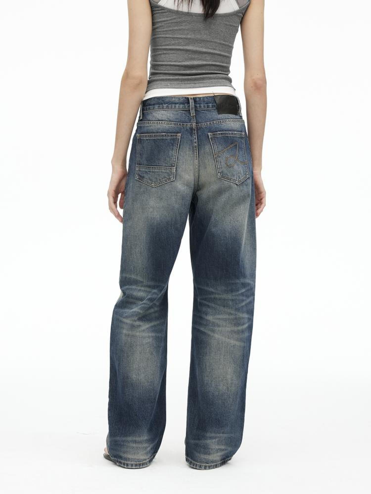 AFTADAWN Vintage Indigo Washed Low Rise Wide Leg Denim Trousers