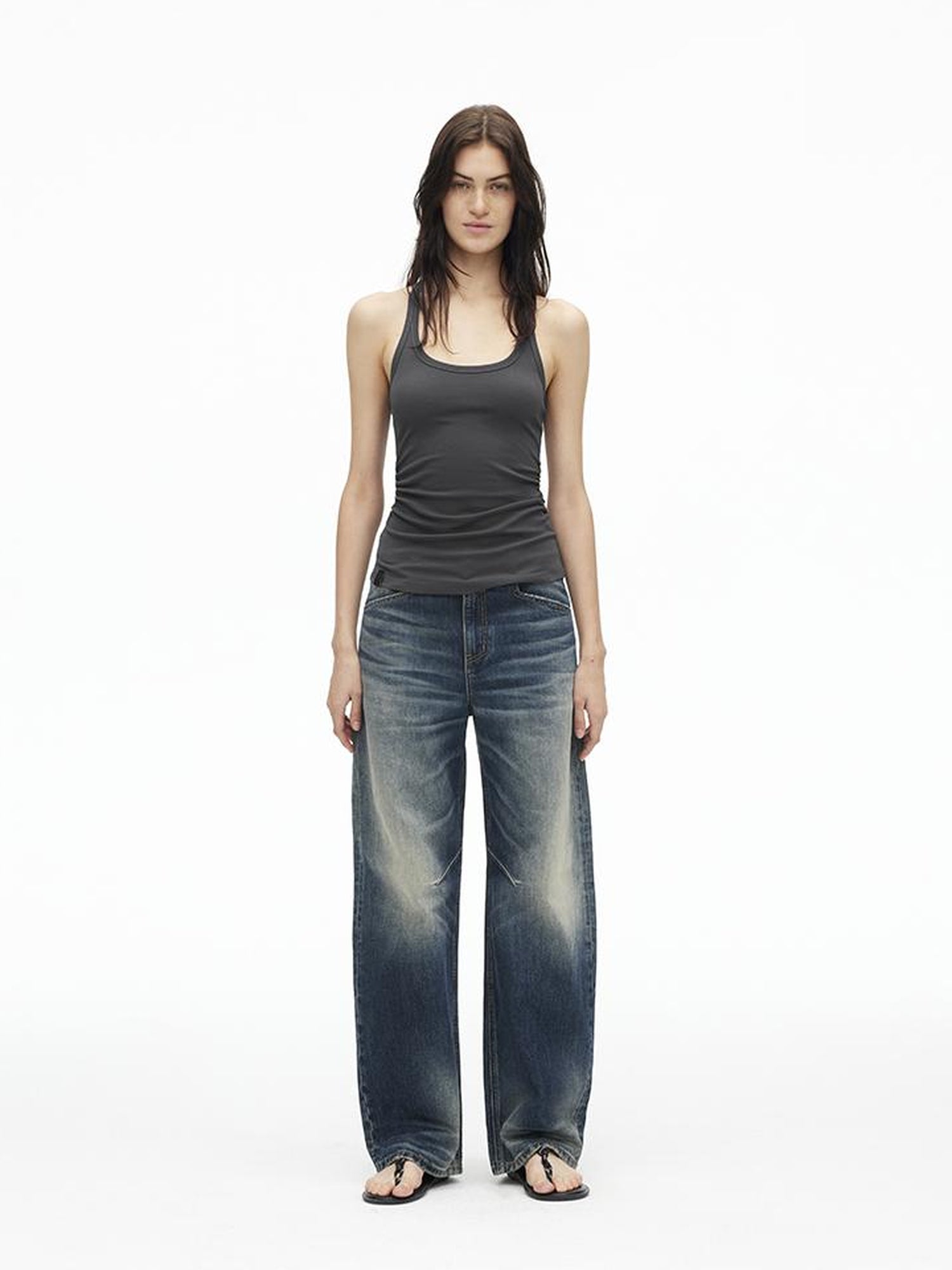 AFTADAWN Vintage Indigo Washed Low Rise Wide Leg Denim Trousers