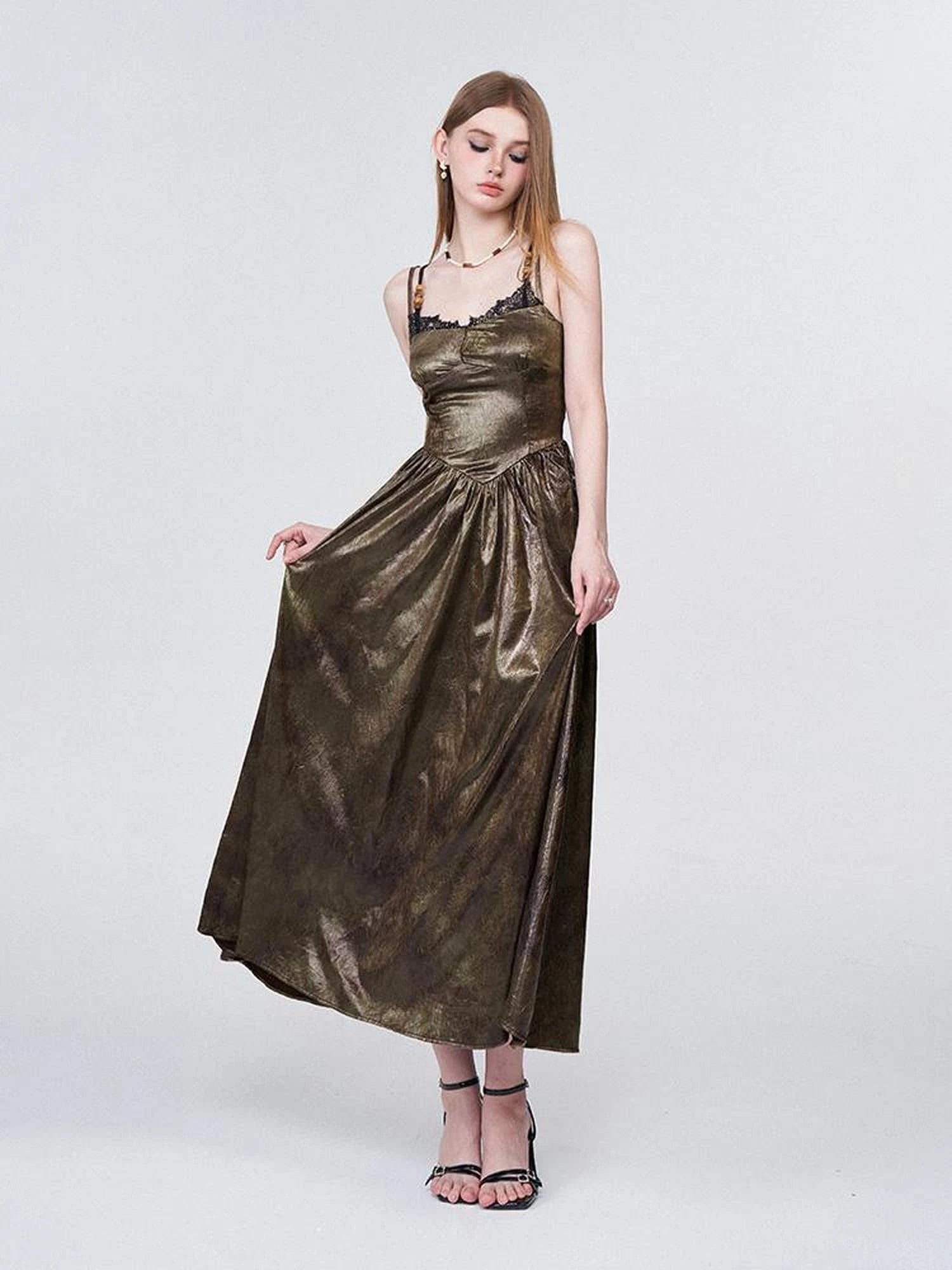 Vintage Lace Trimmed Textured Slip Maxi Dress V-neck T-shirt Long Sleeve