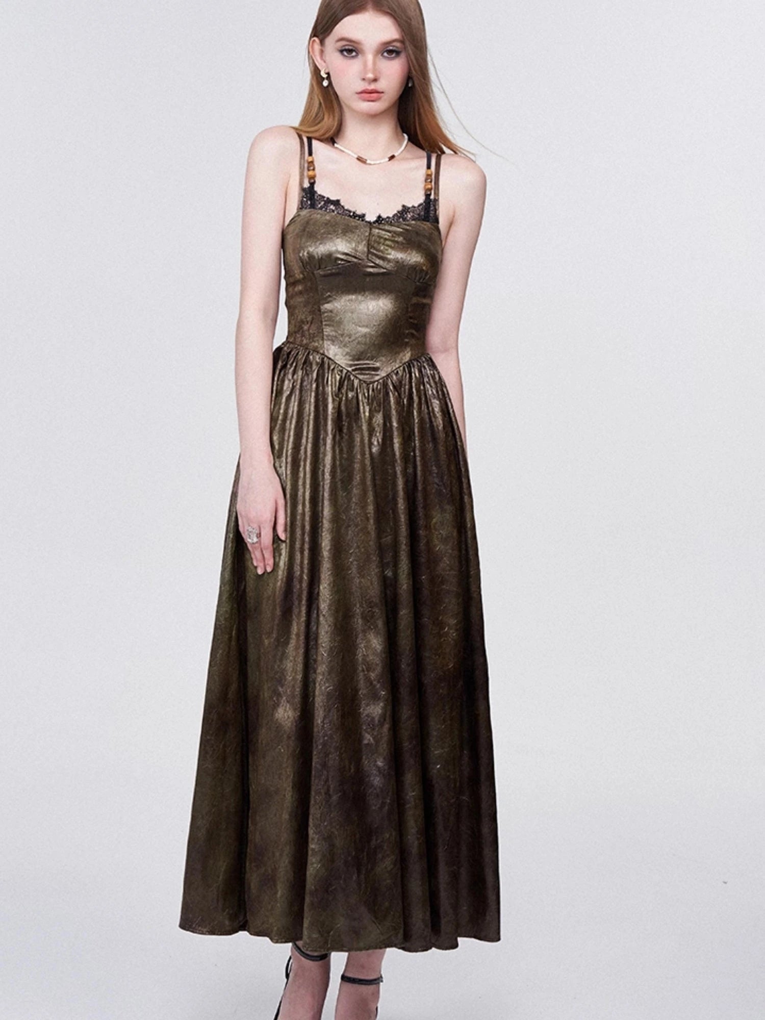 Vintage Lace Trimmed Textured Slip Maxi Dress V-neck T-shirt Long Sleeve