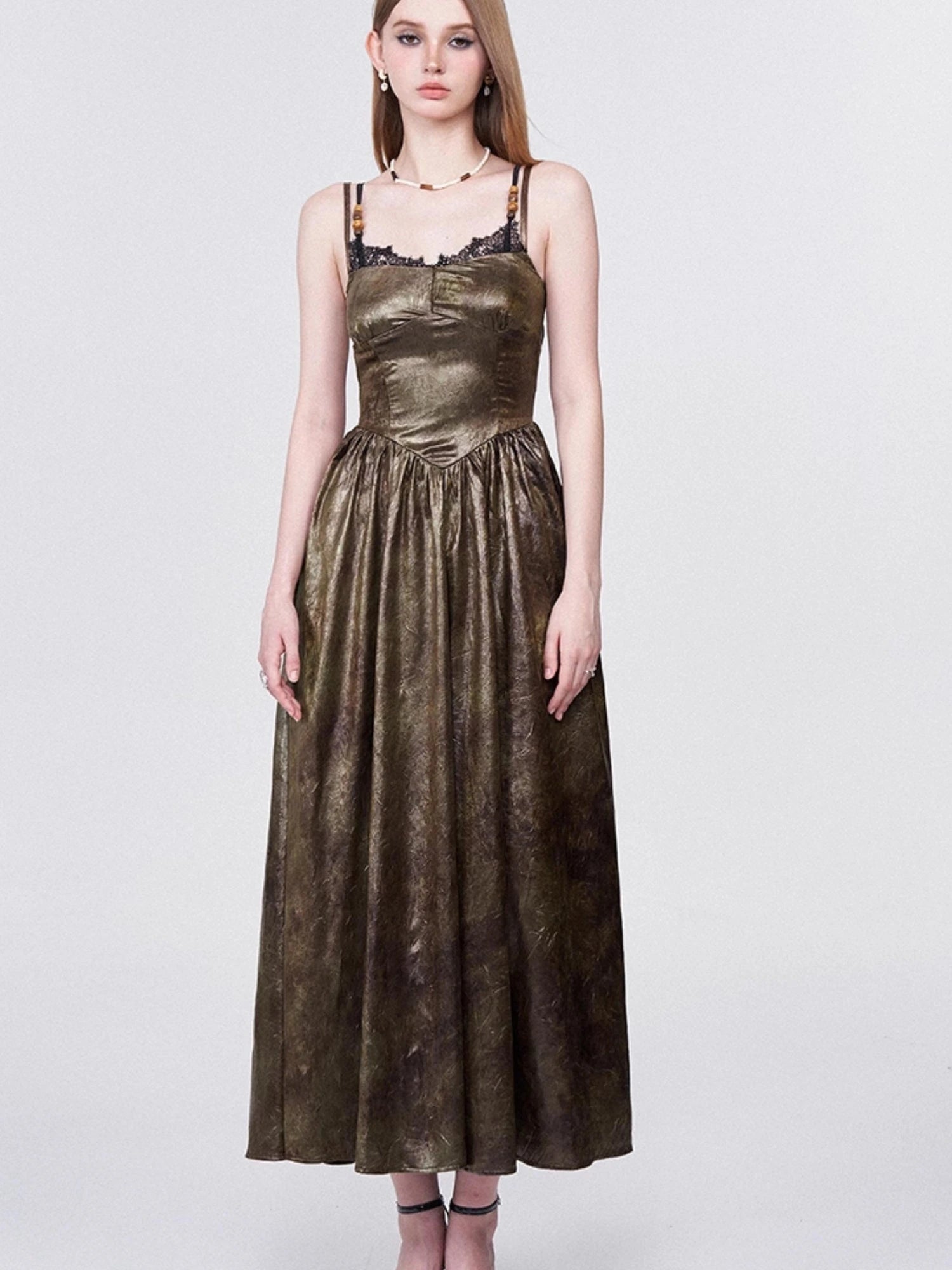 Vintage Lace Trimmed Textured Slip Maxi Dress V-neck T-shirt Long Sleeve