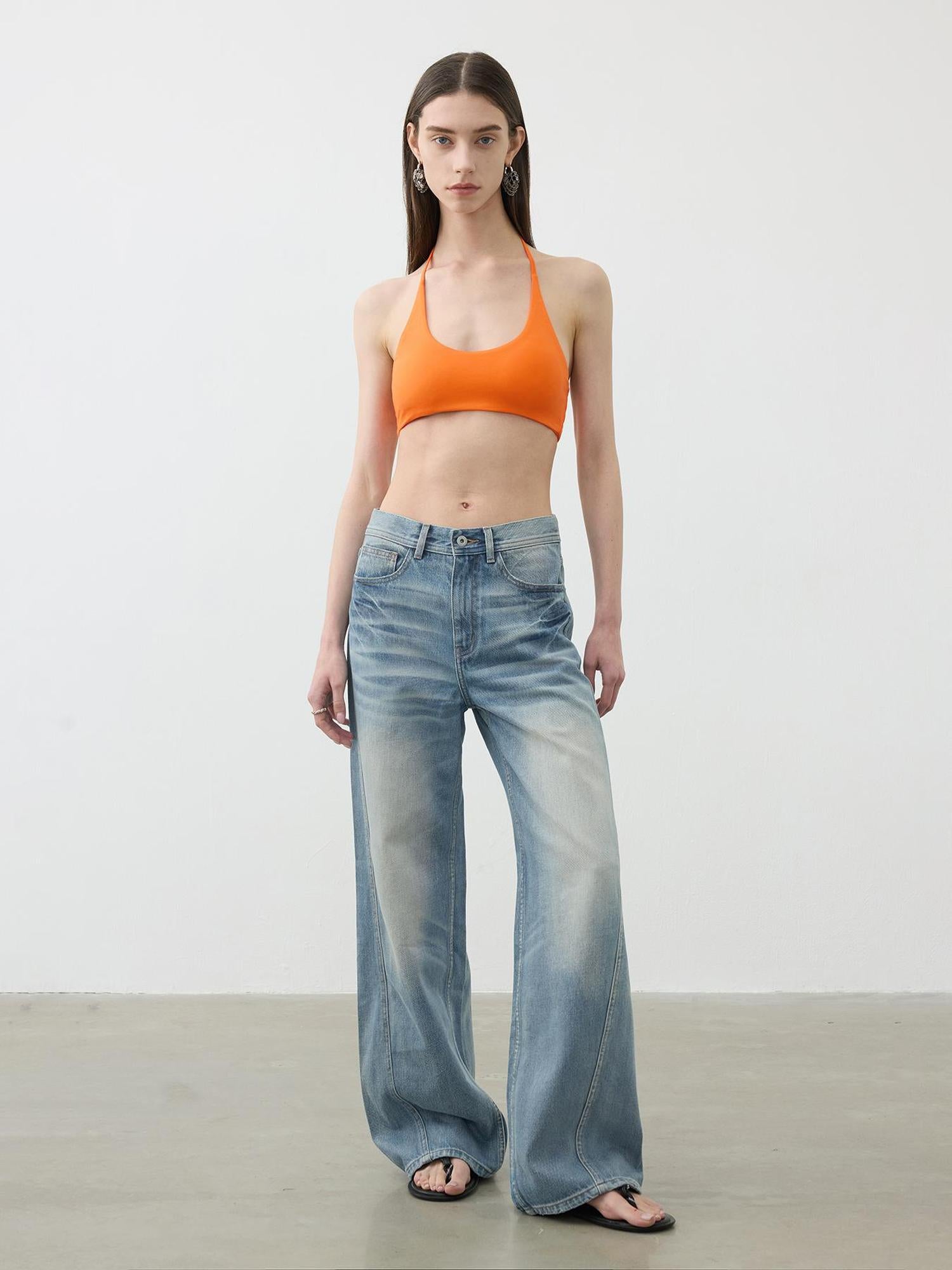 AFTADAWN Vintage Light Wash Wide Leg Denim Jeans With Whiskers