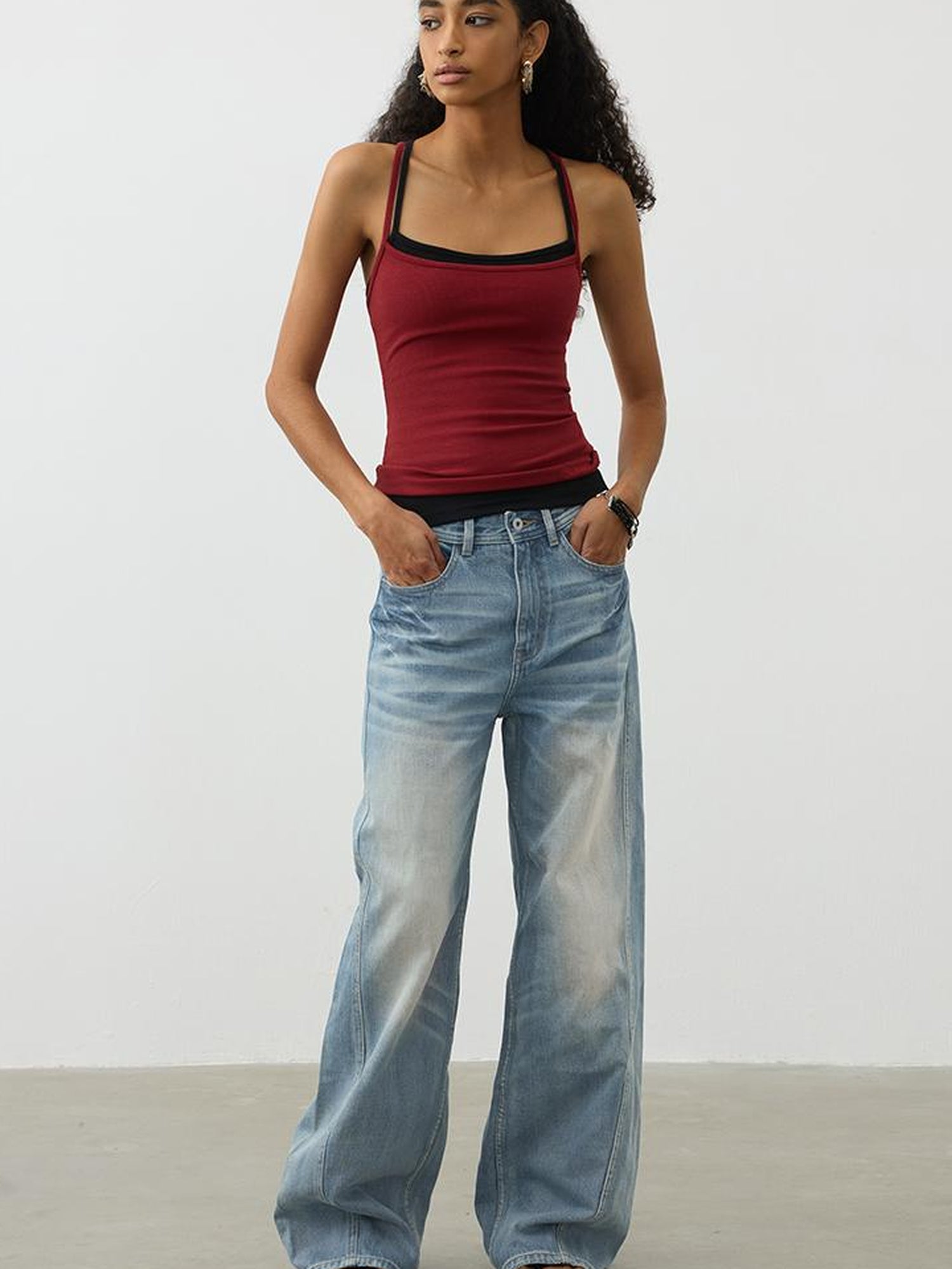 AFTADAWN Vintage Light Wash Wide Leg Denim Jeans With Whiskers