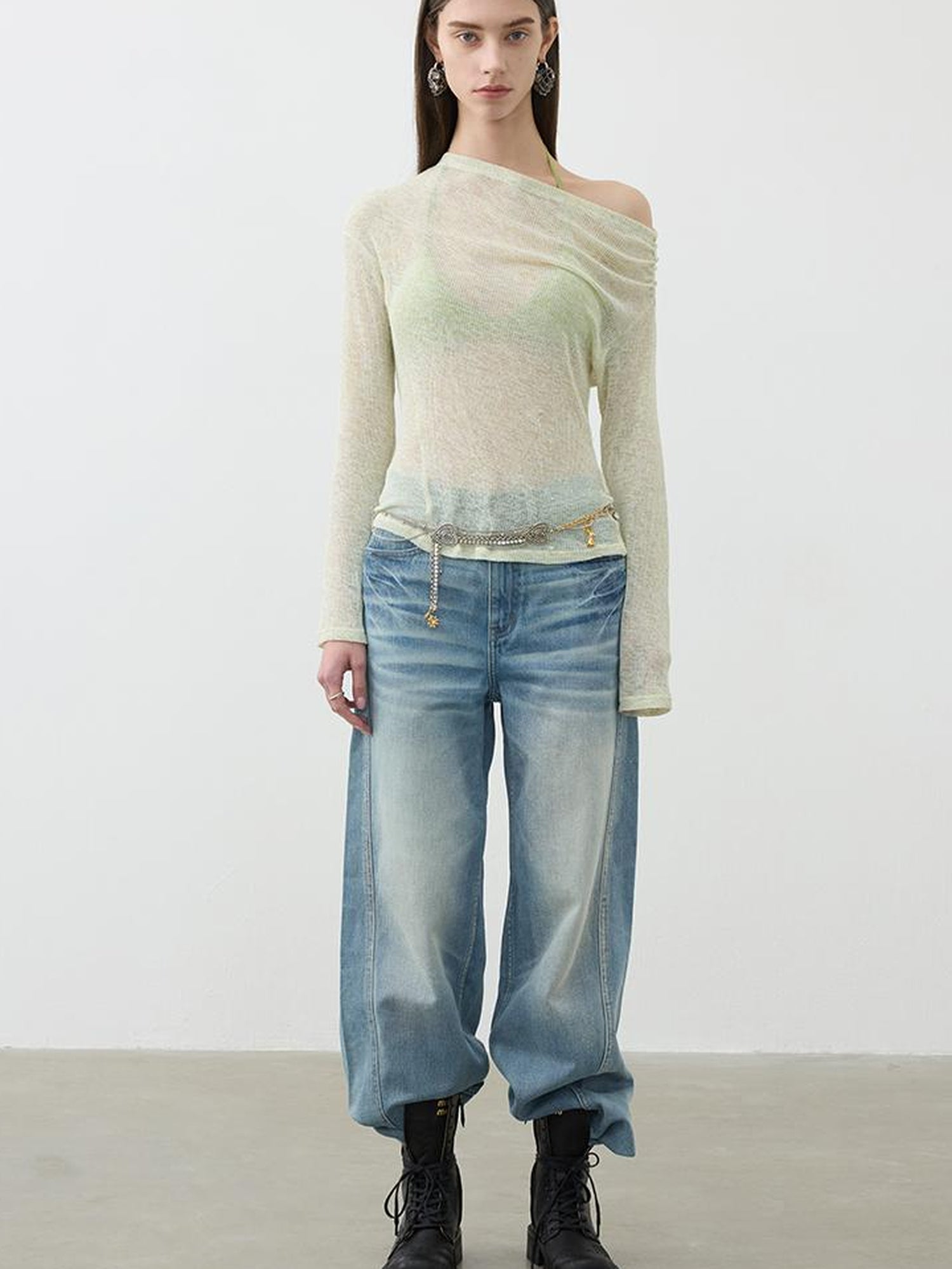 AFTADAWN Vintage Light Wash Wide Leg Denim Jeans With Whiskers