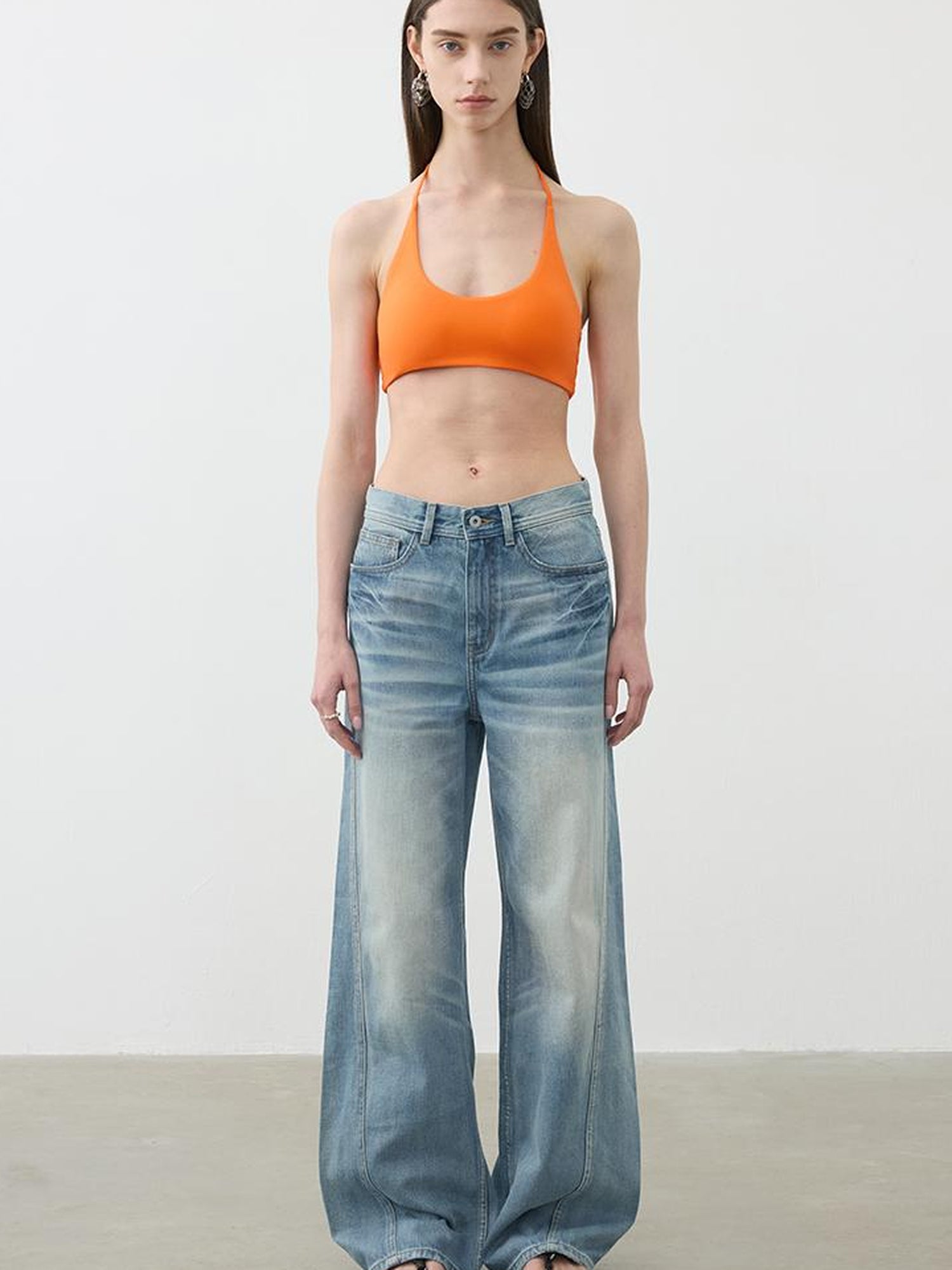 AFTADAWN Vintage Light Wash Wide Leg Denim Jeans With Whiskers