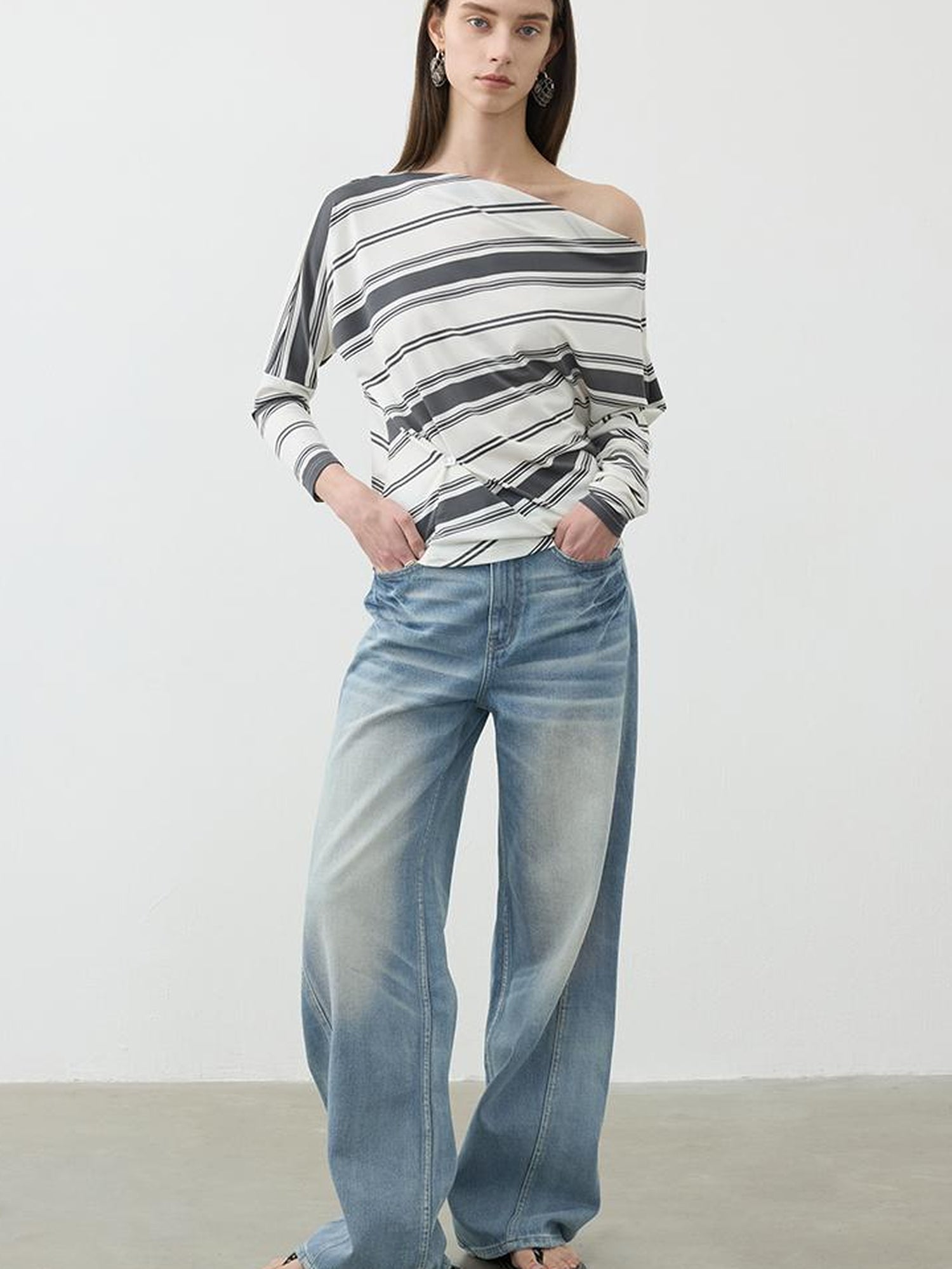 AFTADAWN Vintage Light Wash Wide Leg Denim Jeans With Whiskers