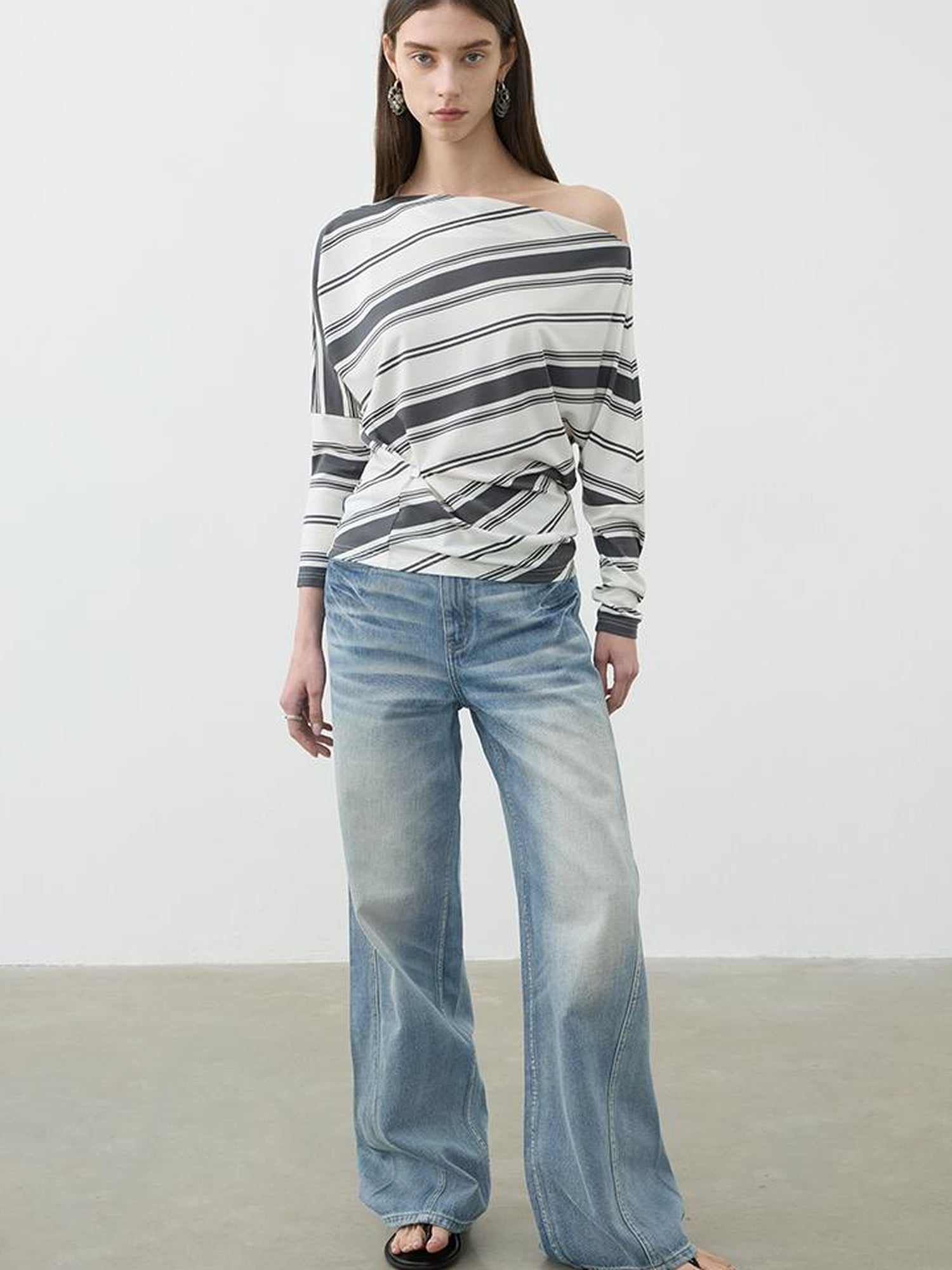 AFTADAWN Vintage Light Wash Wide Leg Denim Jeans With Whiskers