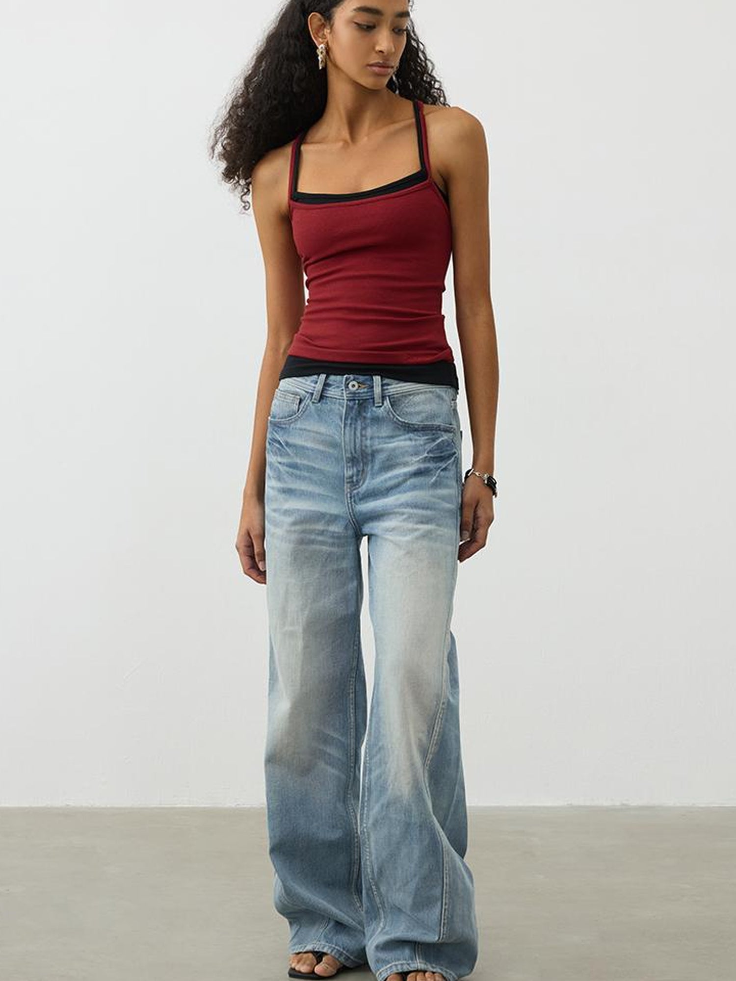 AFTADAWN Vintage Light Wash Wide Leg Denim Jeans With Whiskers