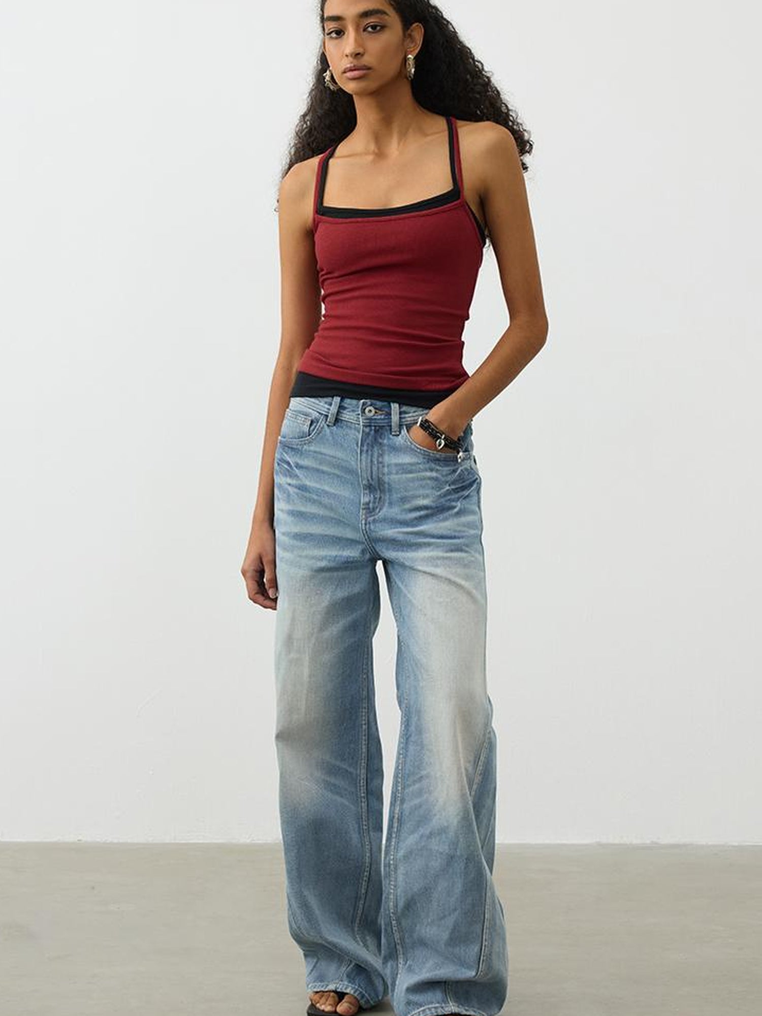 AFTADAWN Vintage Light Wash Wide Leg Denim Jeans With Whiskers