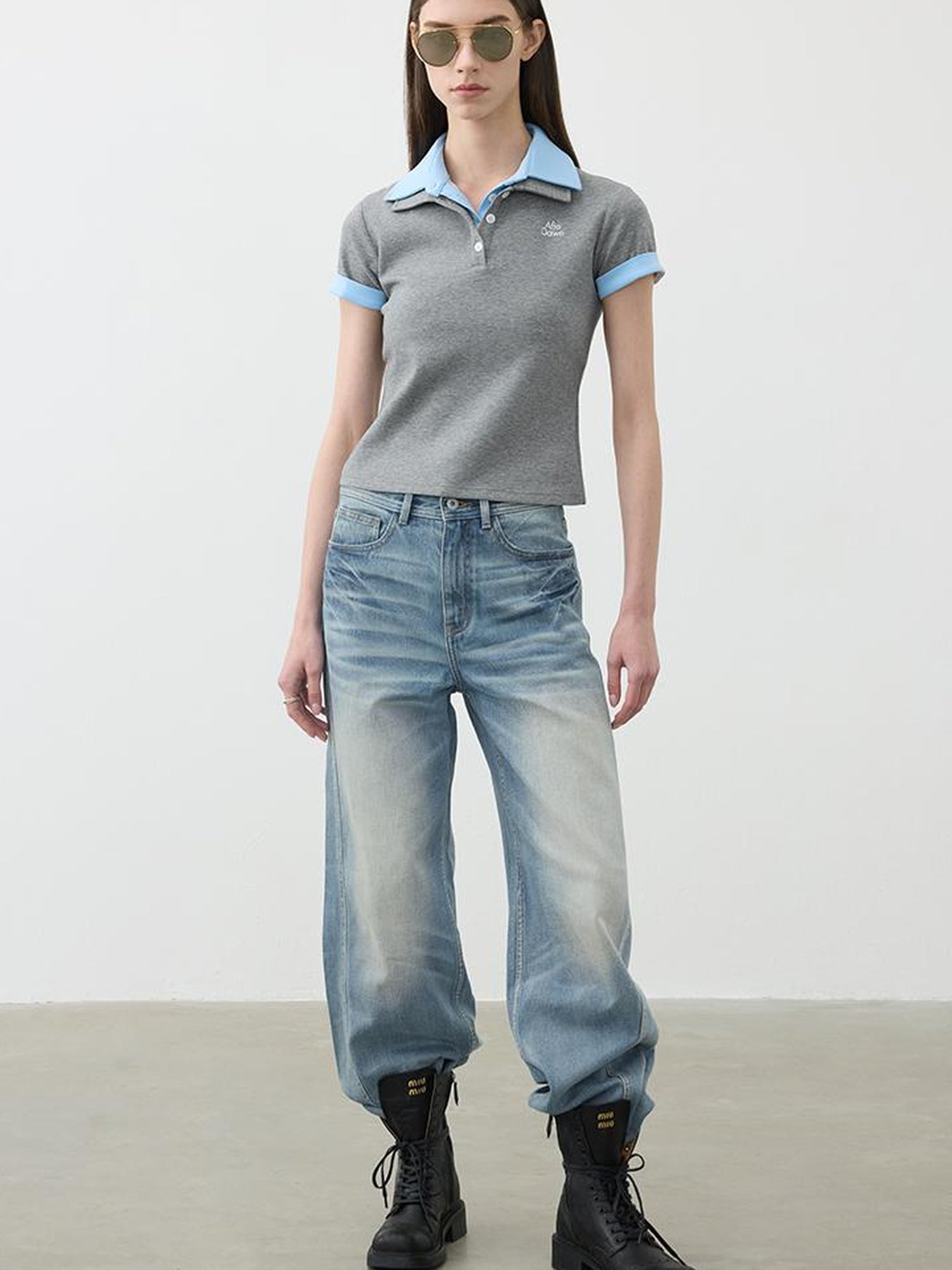 AFTADAWN Vintage Light Wash Wide Leg Denim Jeans With Whiskers