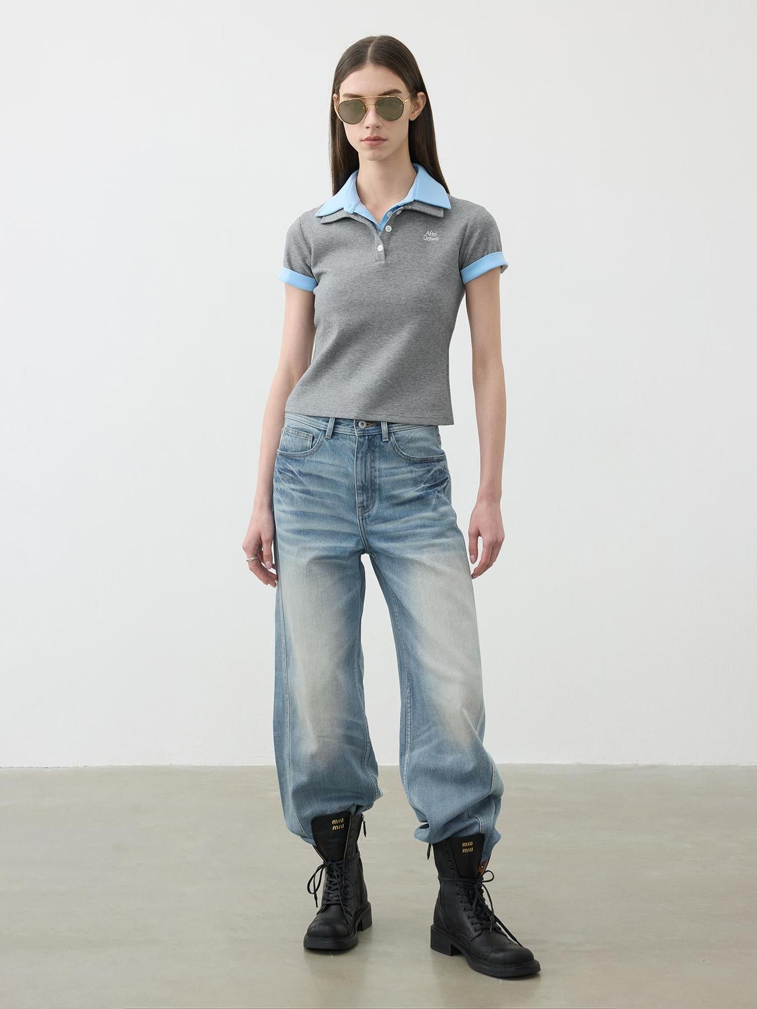 AFTADAWN Vintage Light Wash Wide Leg Denim Jeans With Whiskers