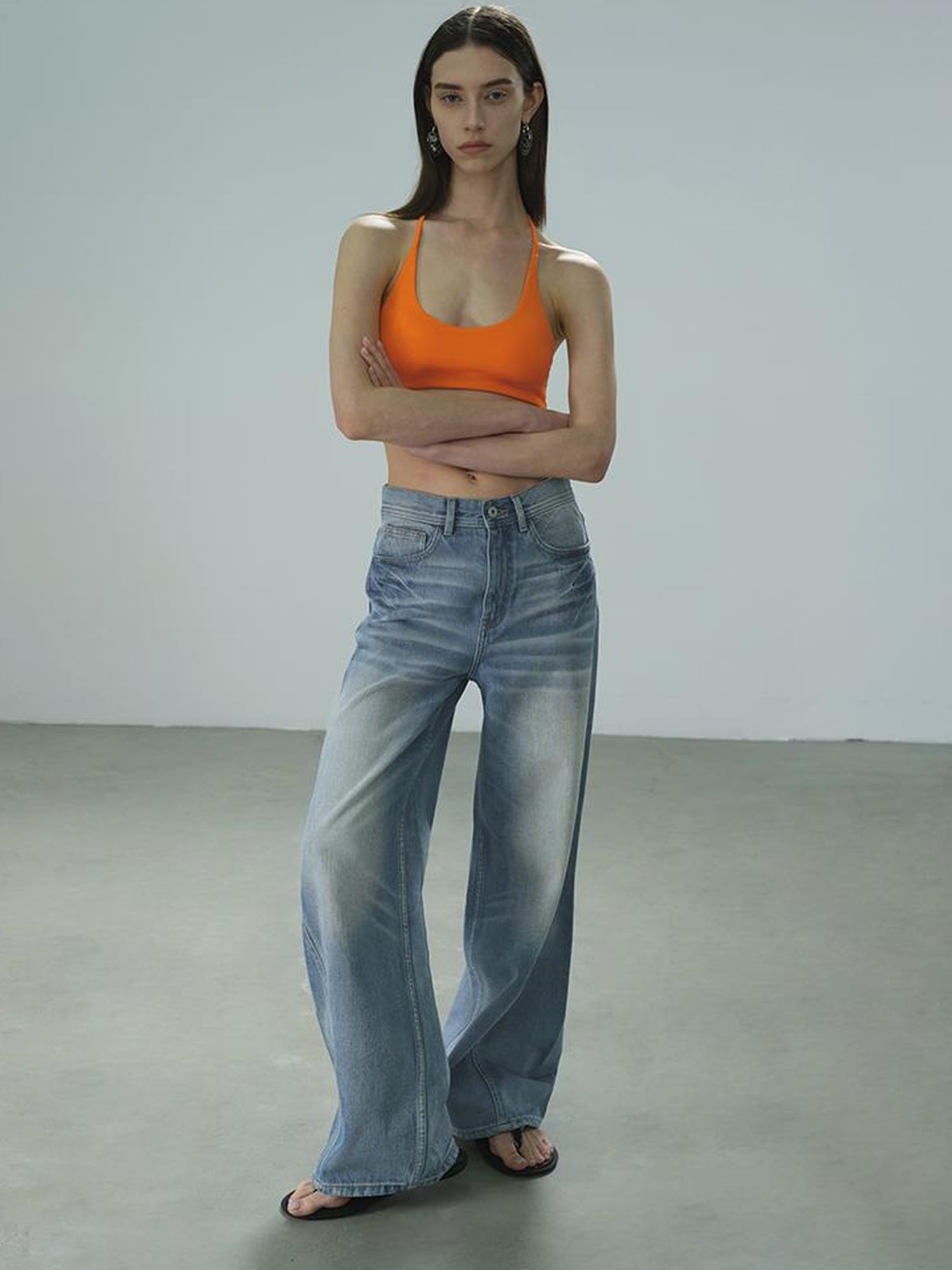 AFTADAWN Vintage Light Wash Wide Leg Denim Jeans With Whiskers