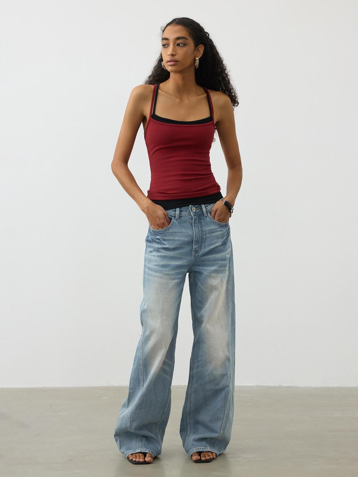 AFTADAWN Vintage Light Wash Wide Leg Denim Jeans With Whiskers