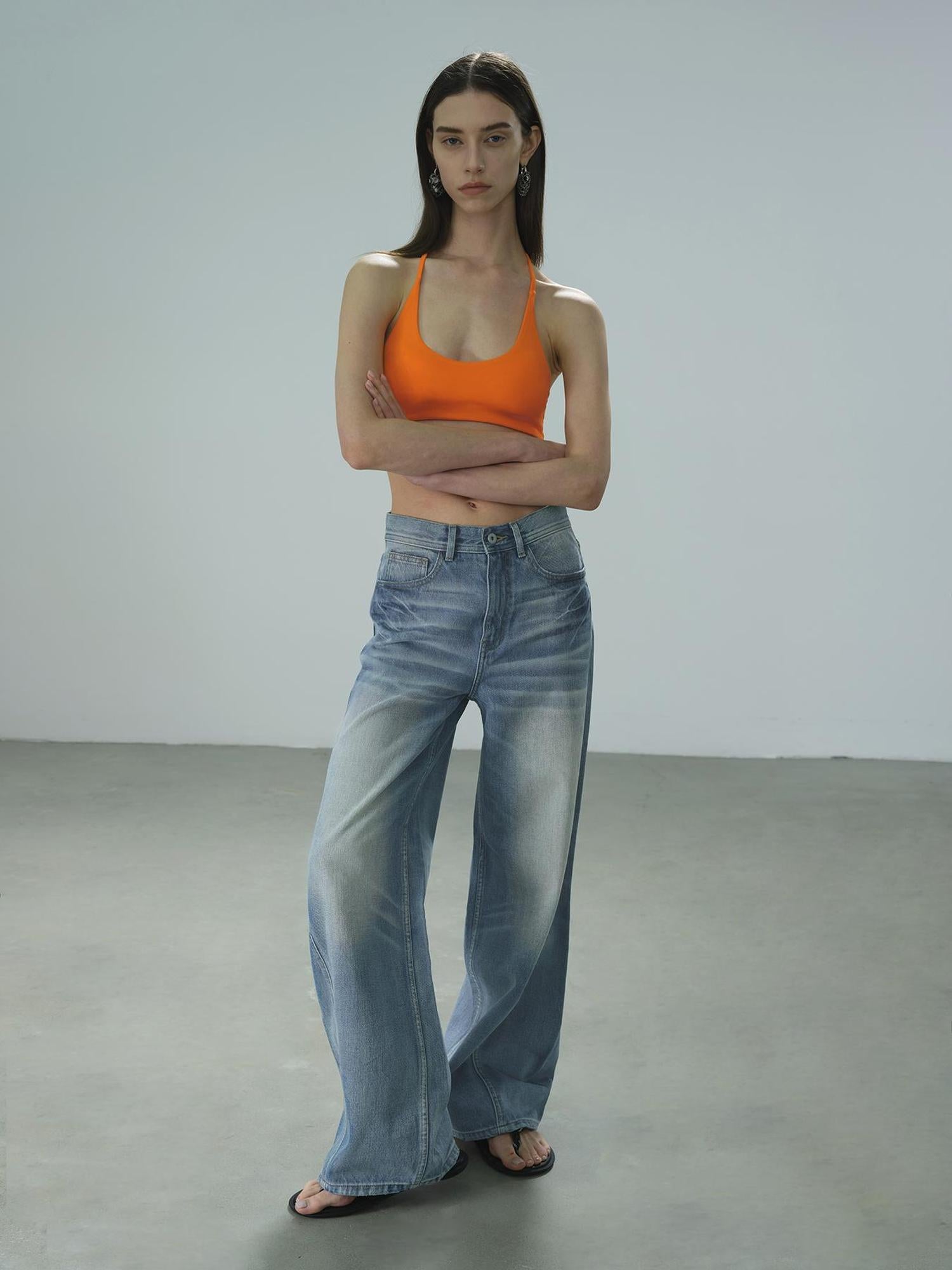 AFTADAWN Vintage Light Wash Wide Leg Denim Jeans With Whiskers