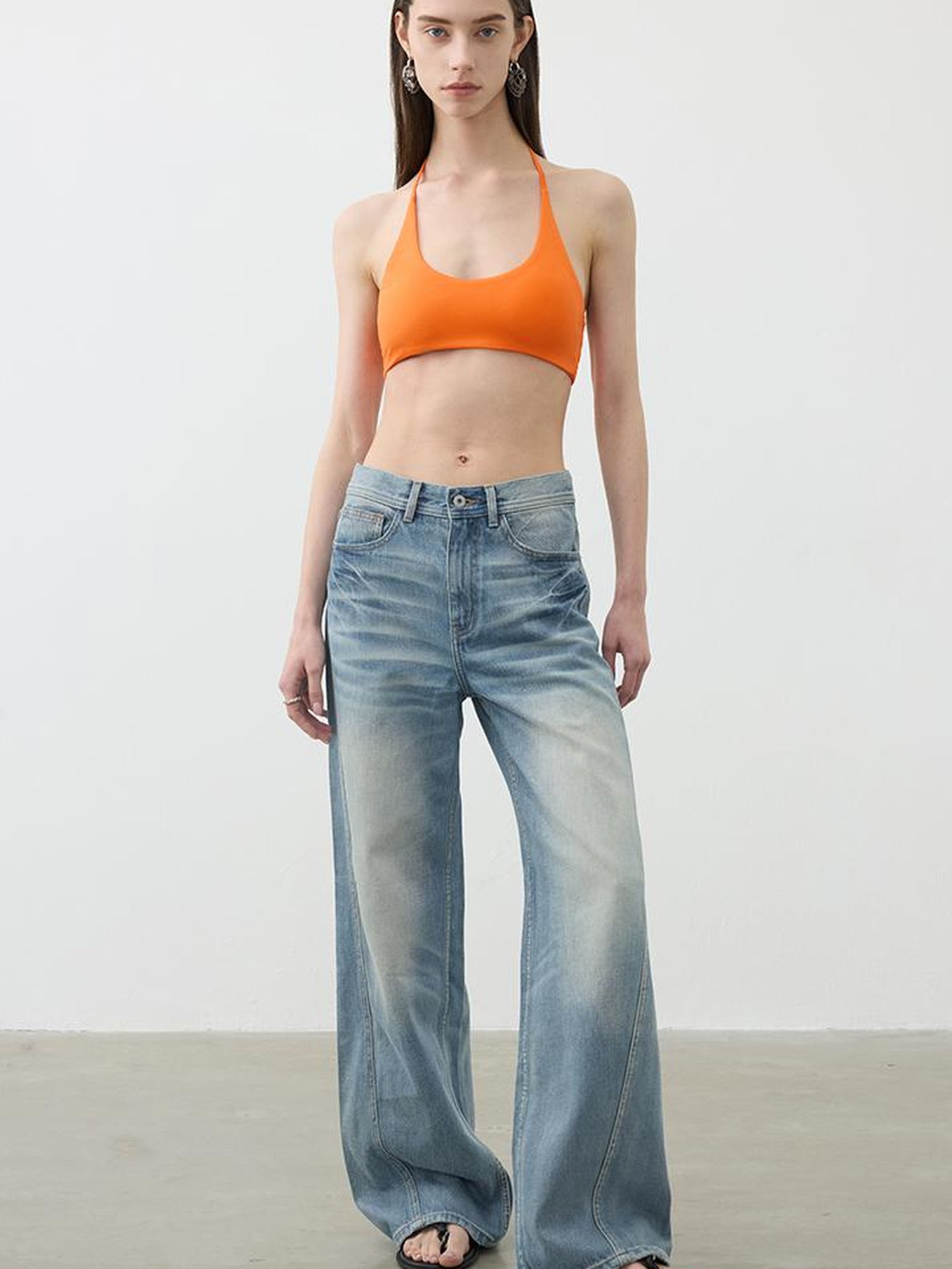 AFTADAWN Vintage Light Wash Wide Leg Denim Jeans With Whiskers