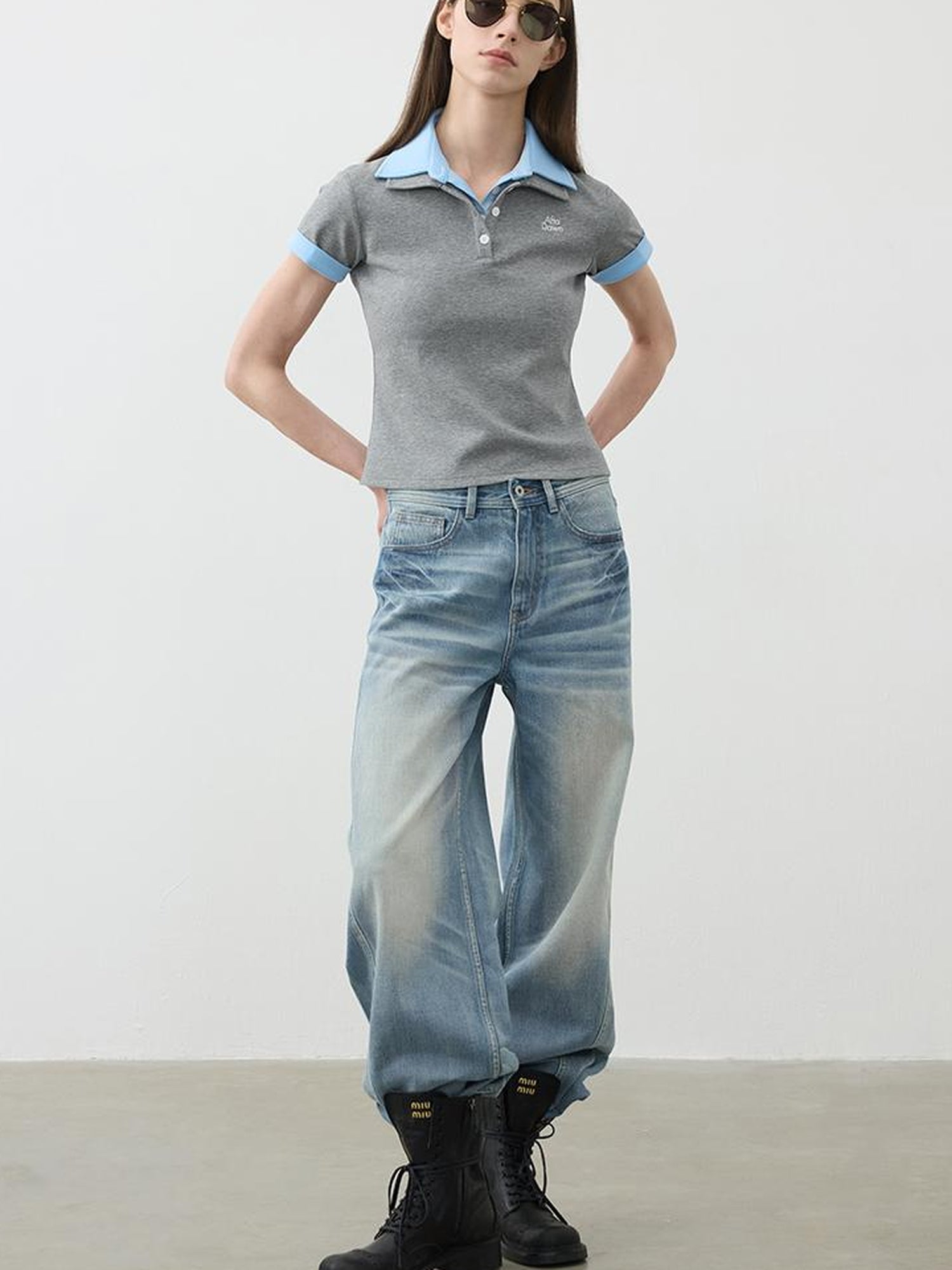 AFTADAWN Vintage Light Wash Wide Leg Denim Jeans With Whiskers