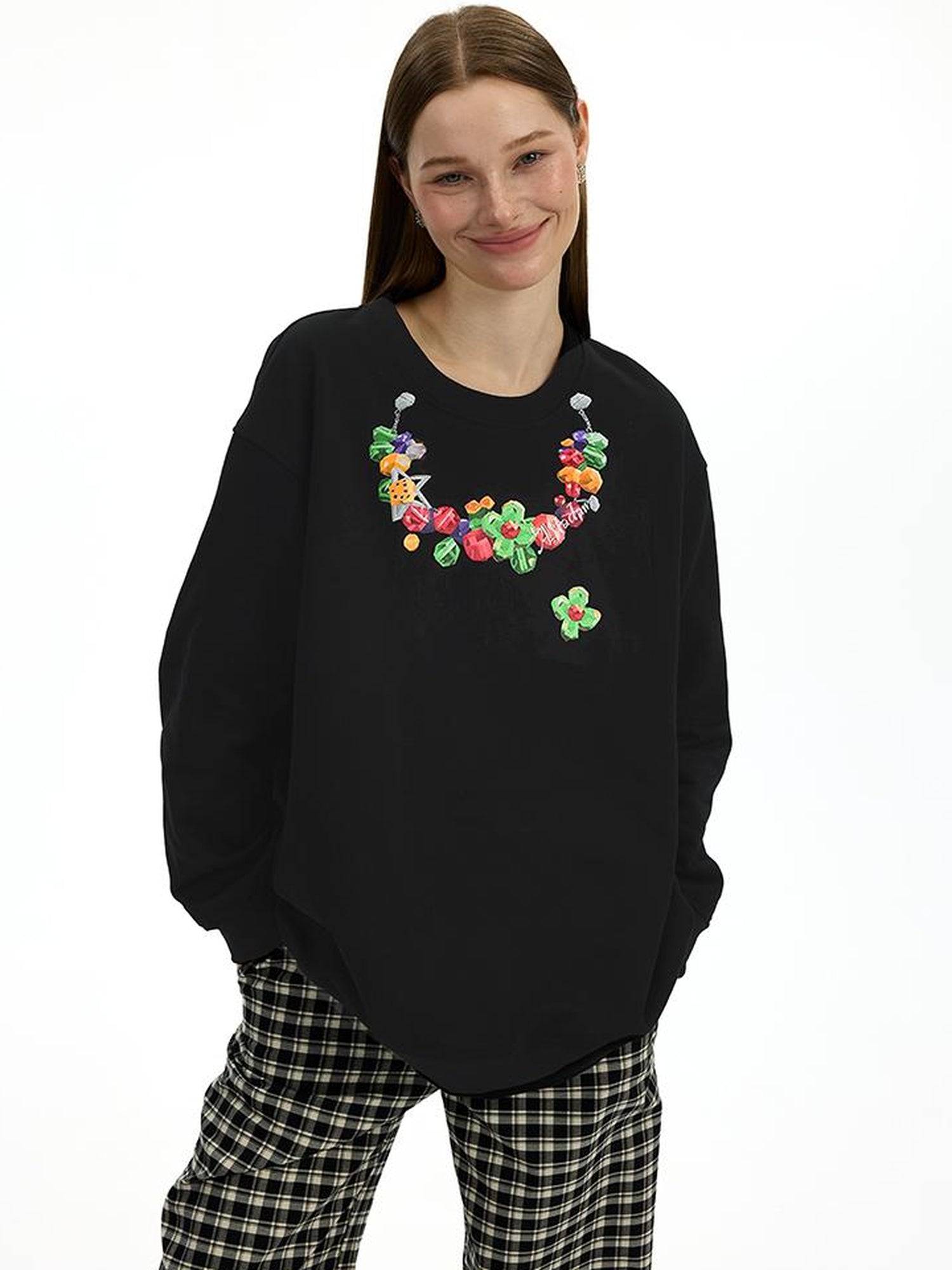 AFTADAWN Vintage Necklace Print Oversized Cotton Hoodie