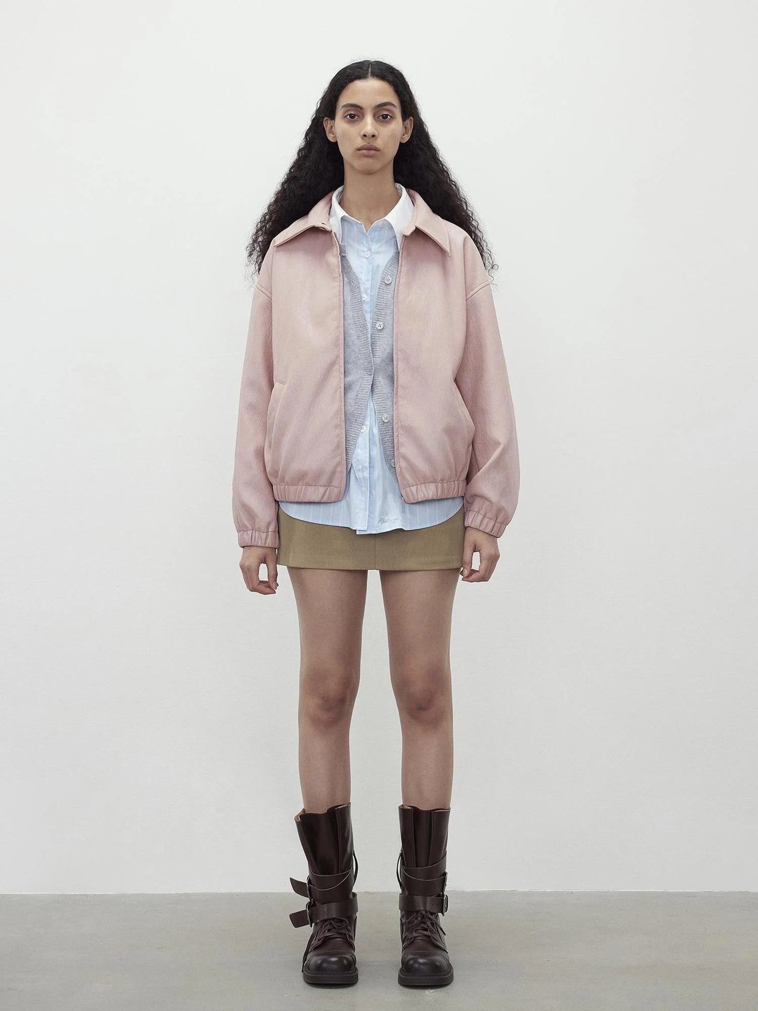 Vintage Pink Batik Pu Leather Jacket With Oversized Silhouette