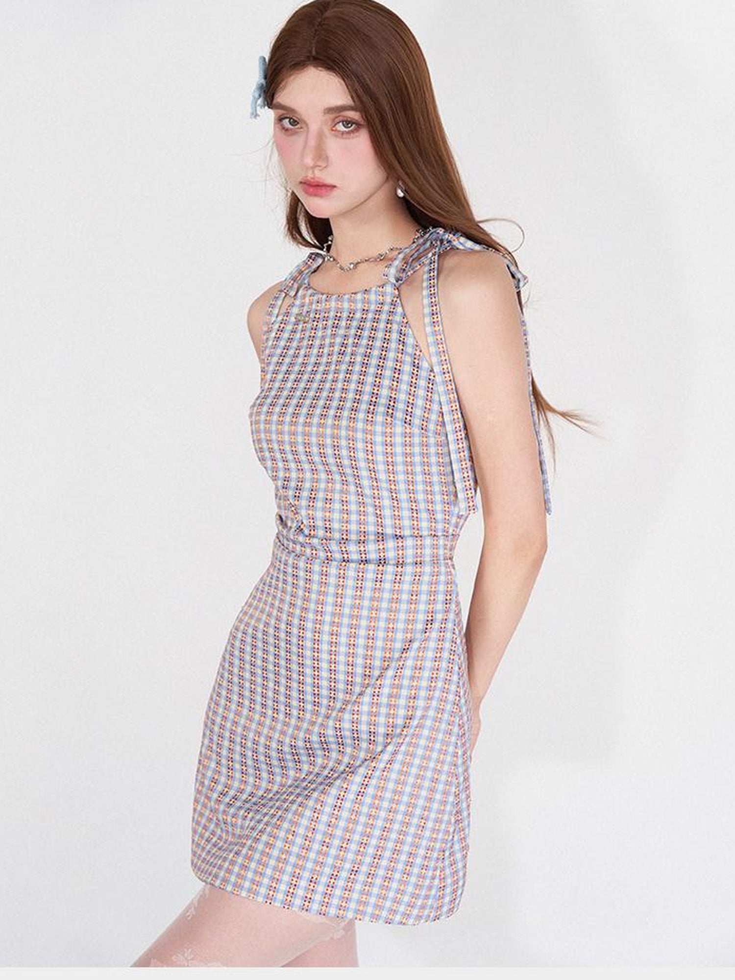 AFTADAWN Vintage Plaid Halter Neck Ruffle Dress