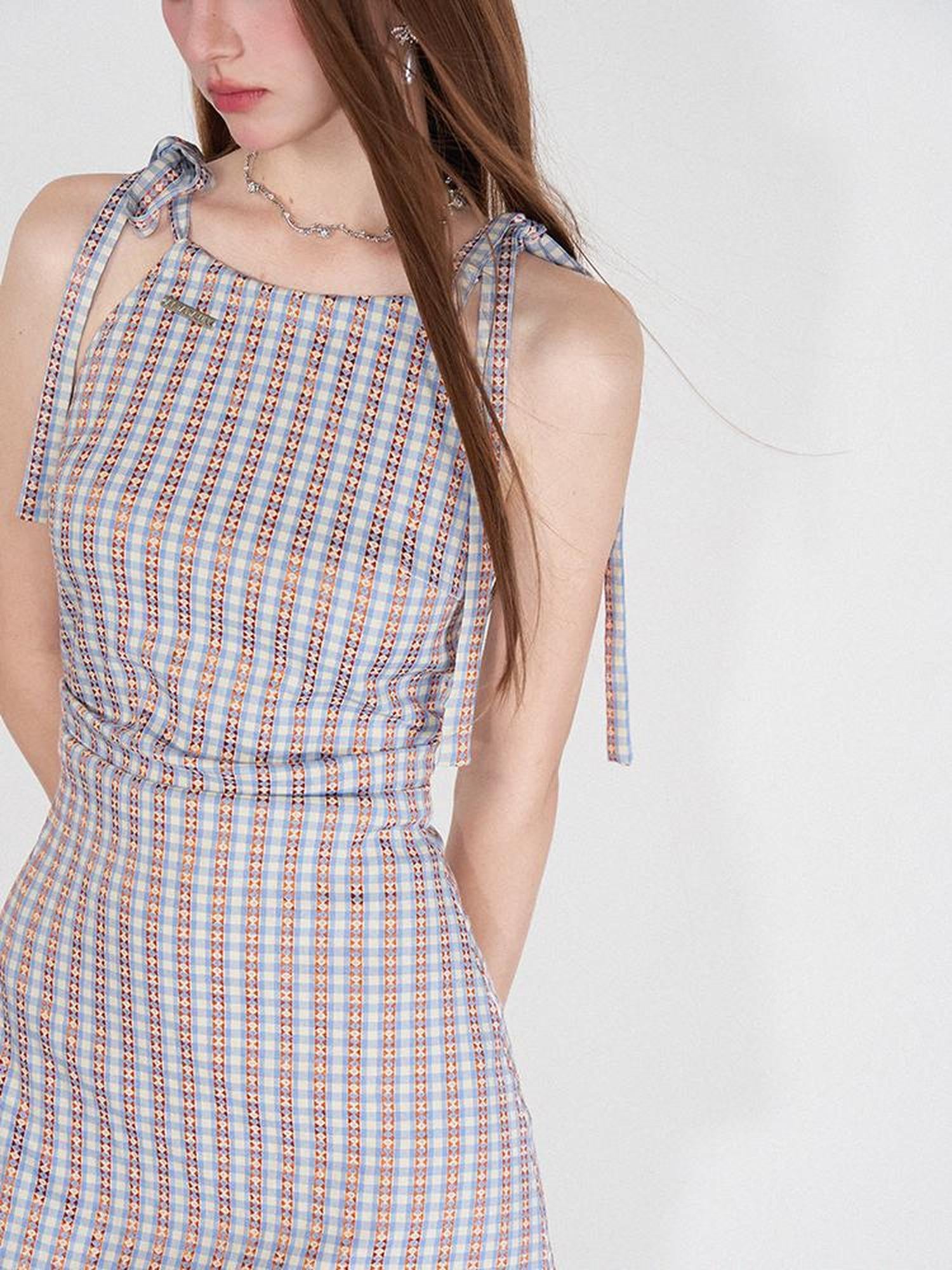AFTADAWN Vintage Plaid Halter Neck Ruffle Dress