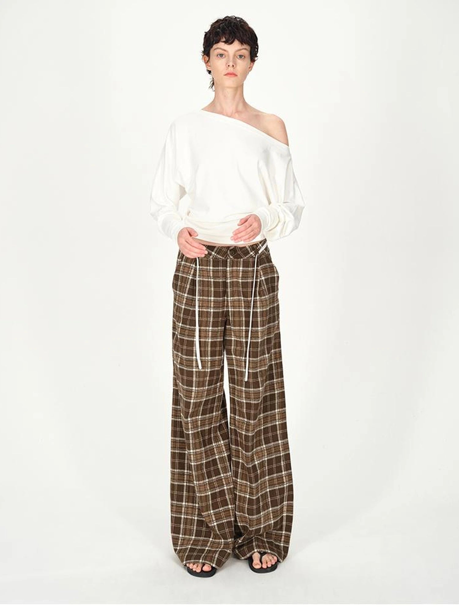 Vintage Plaid Pleated Low Rise Wide Leg Trousers