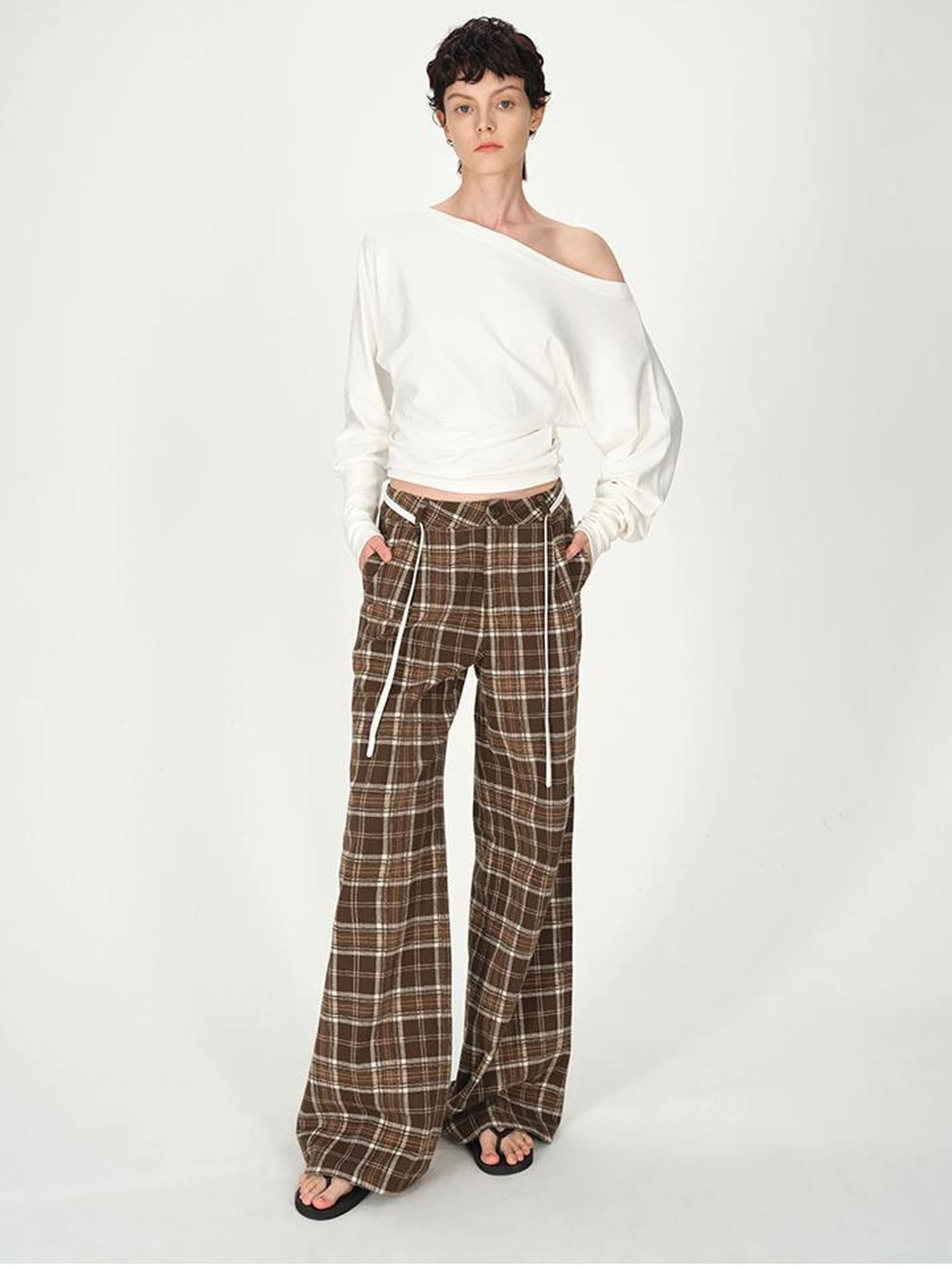 Vintage Plaid Pleated Low Rise Wide Leg Trousers