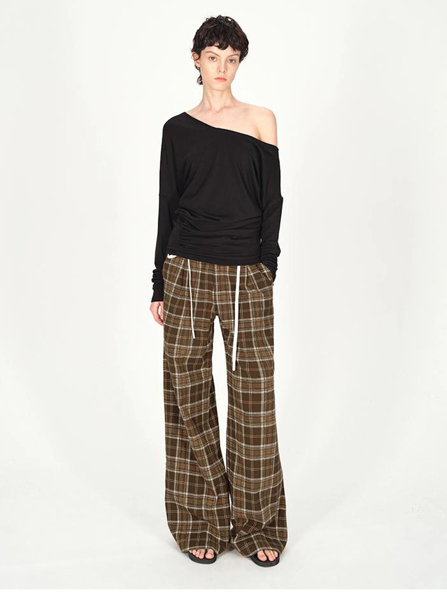 Vintage Plaid Pleated Low Rise Wide Leg Trousers