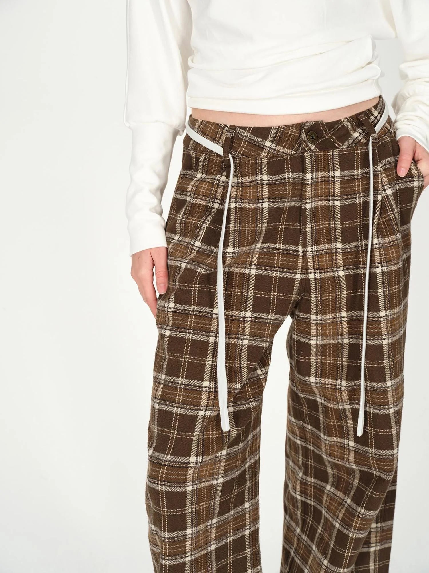 Vintage Plaid Pleated Low Rise Wide Leg Trousers