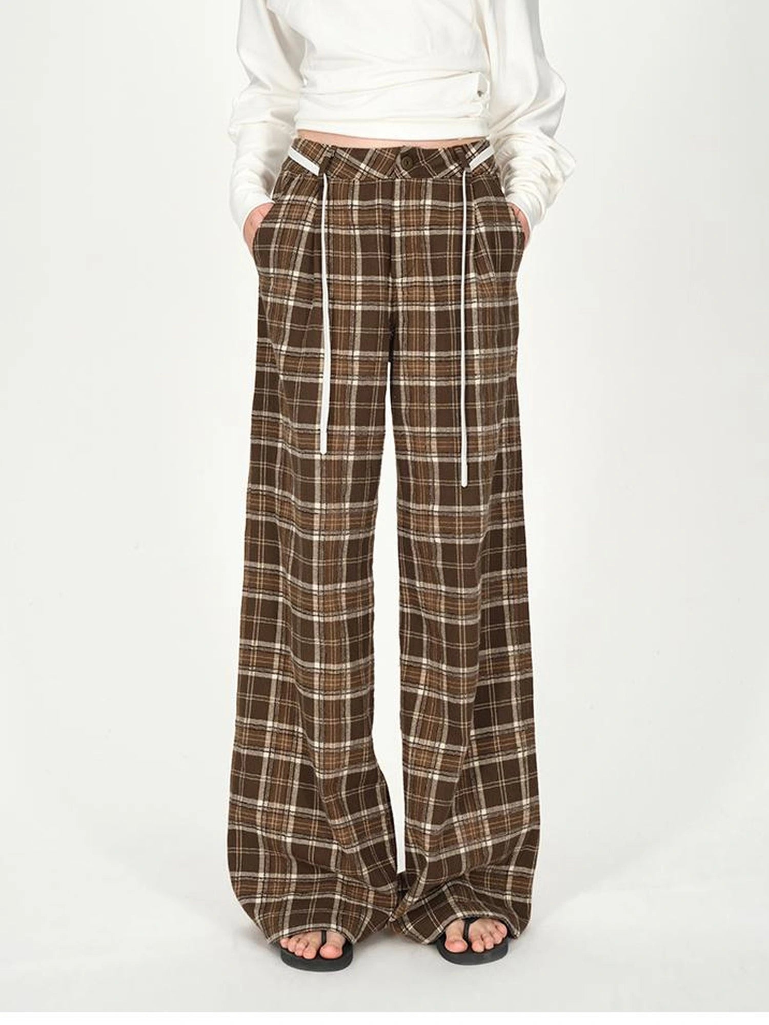 Vintage Plaid Pleated Low Rise Wide Leg Trousers