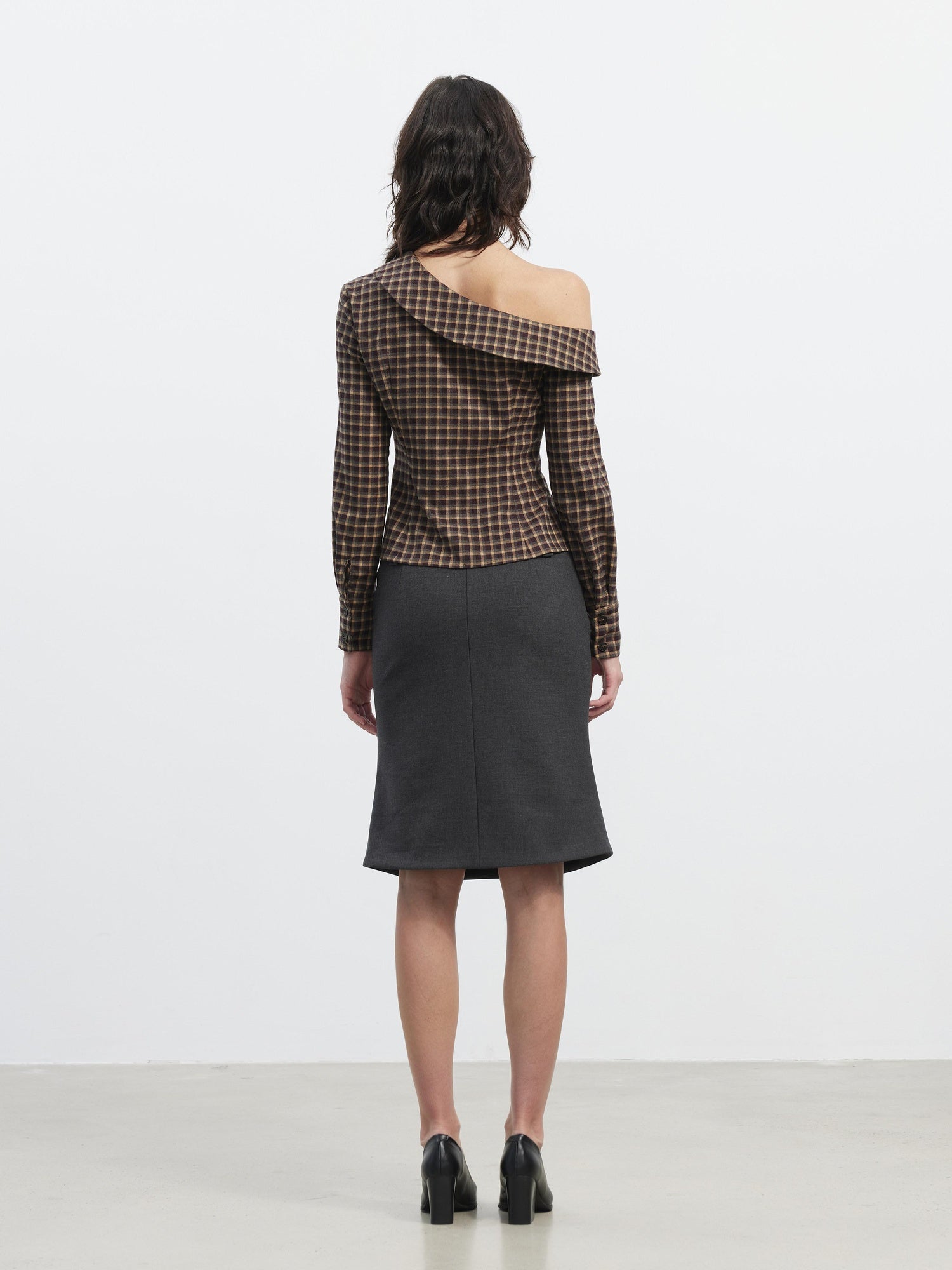 AFTADAWN Vintage Slim Asymmetric Button Waist Cinch Plaid Cropped Lapel Long Sleeve Blouse