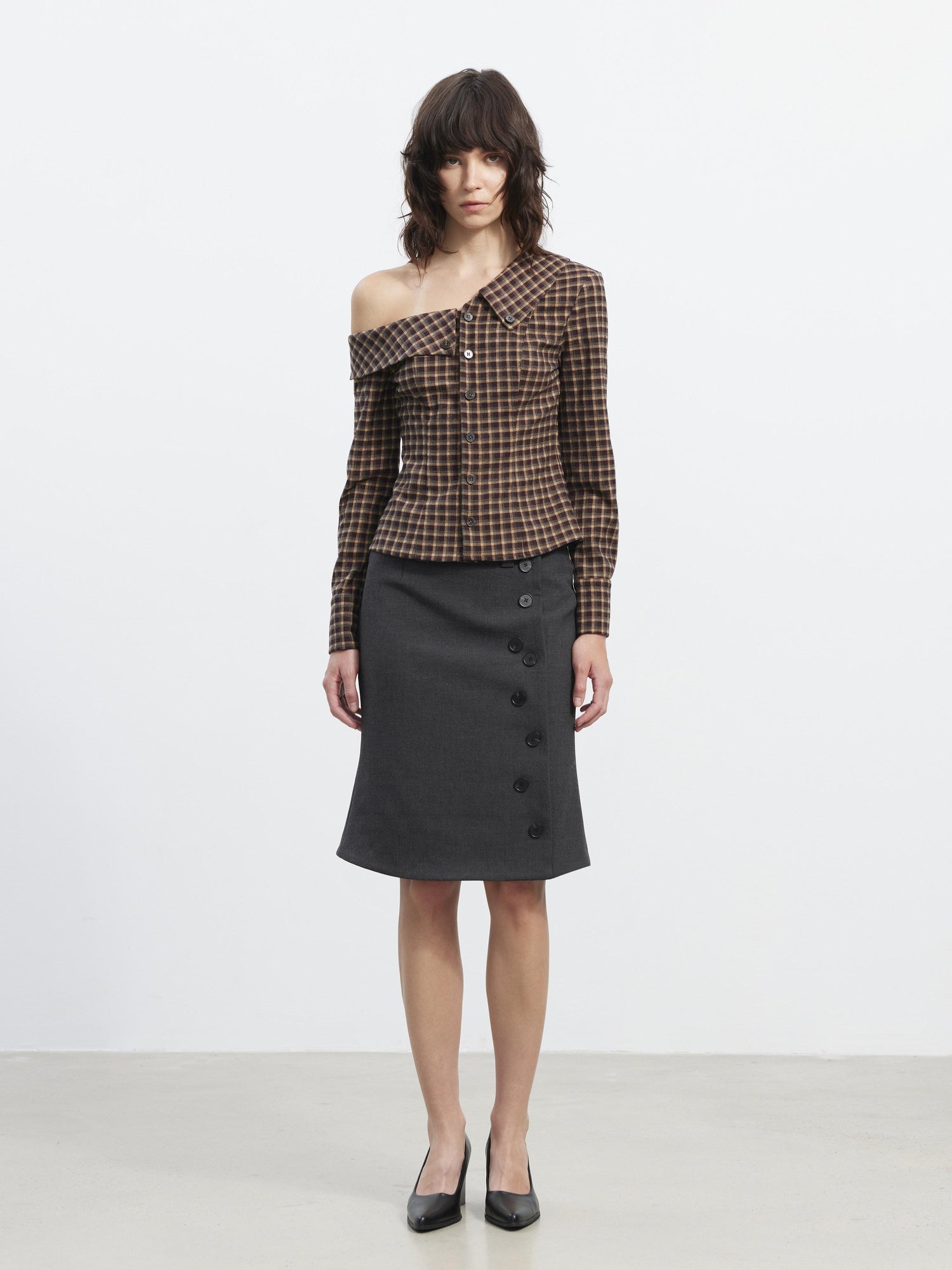 AFTADAWN Vintage Slim Asymmetric Button Waist Cinch Plaid Cropped Lapel Long Sleeve Blouse