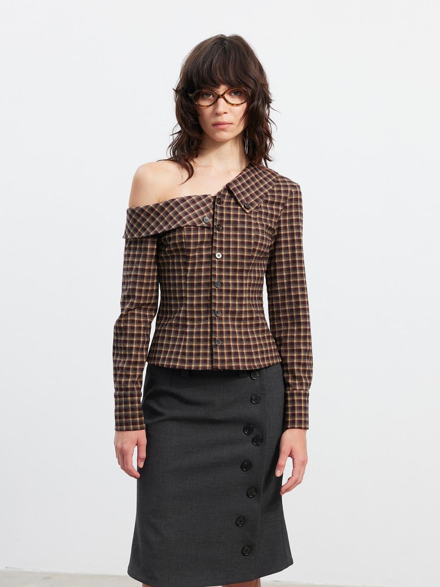AFTADAWN Vintage Slim Asymmetric Button Waist Cinch Plaid Cropped Lapel Long Sleeve Blouse
