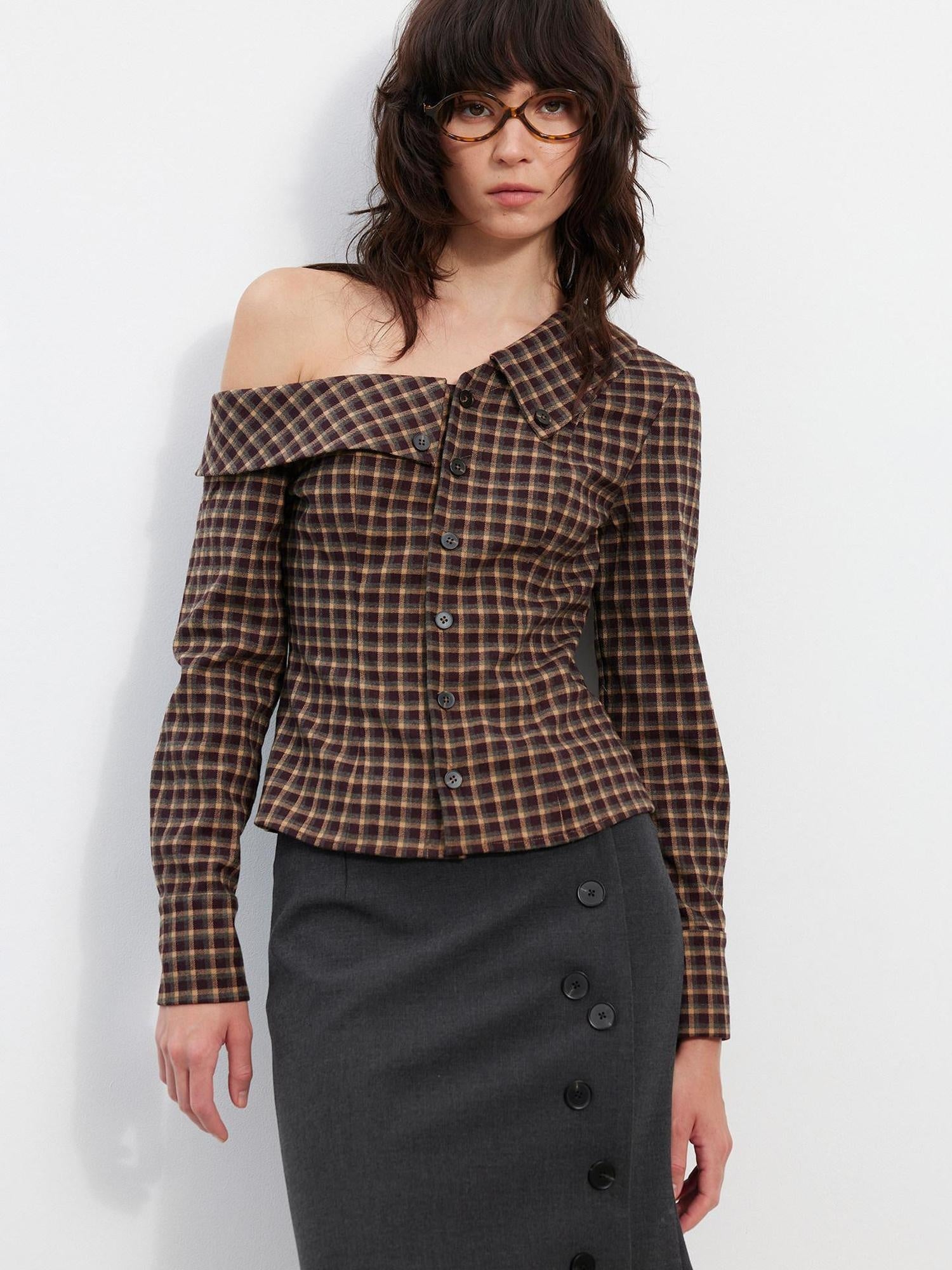 AFTADAWN Vintage Slim Asymmetric Button Waist Cinch Plaid Cropped Lapel Long Sleeve Blouse