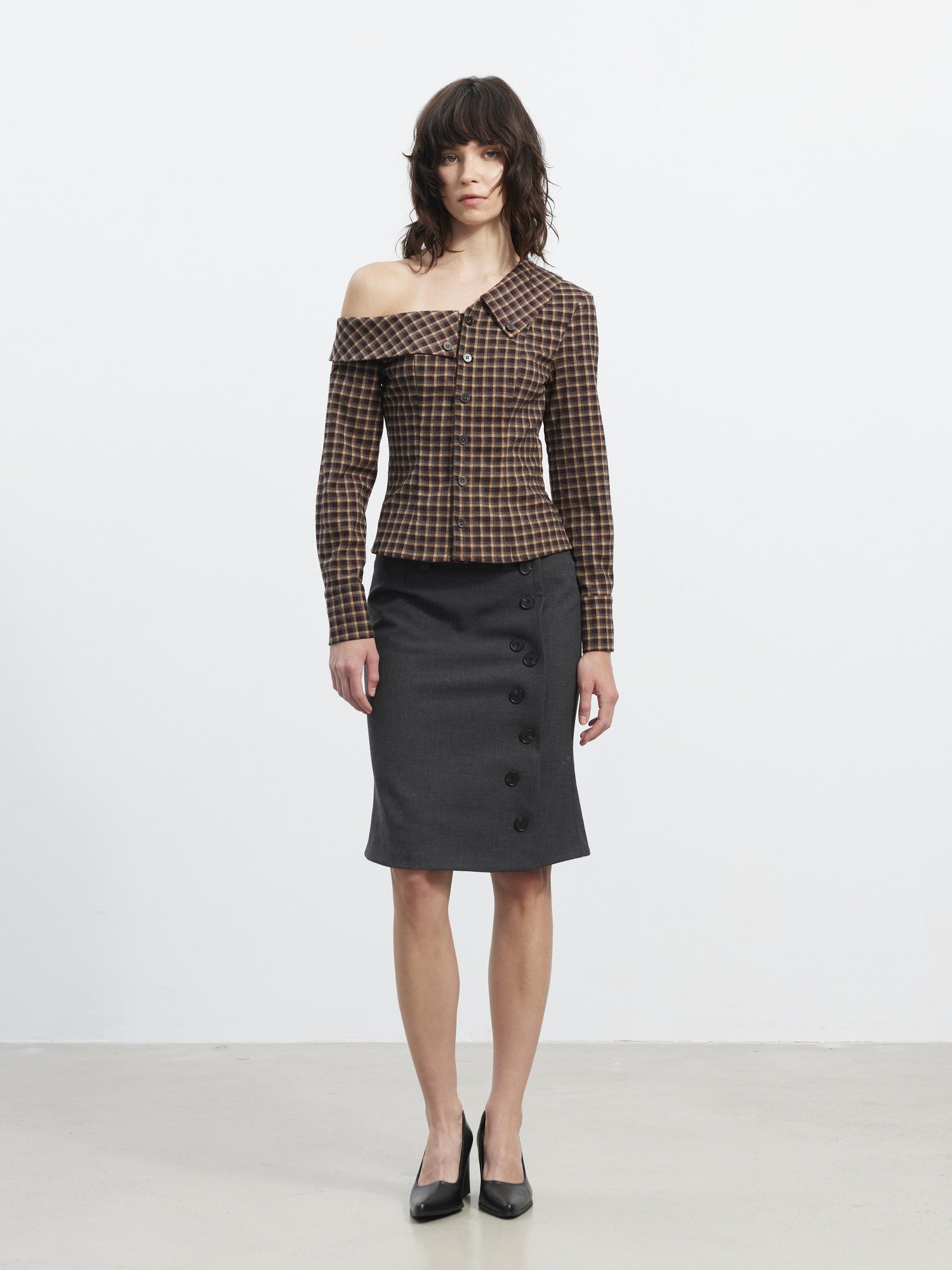 AFTADAWN Vintage Slim Asymmetric Button Waist Cinch Plaid Cropped Lapel Long Sleeve Blouse