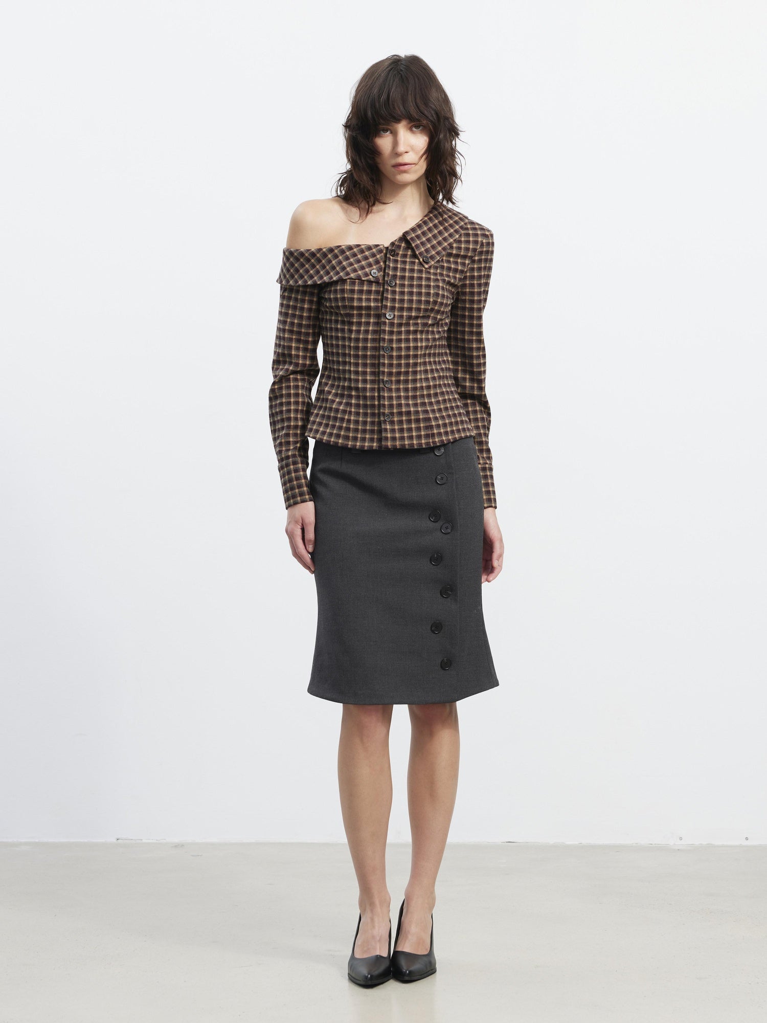 AFTADAWN Vintage Slim Asymmetric Button Waist Cinch Plaid Cropped Lapel Long Sleeve Blouse