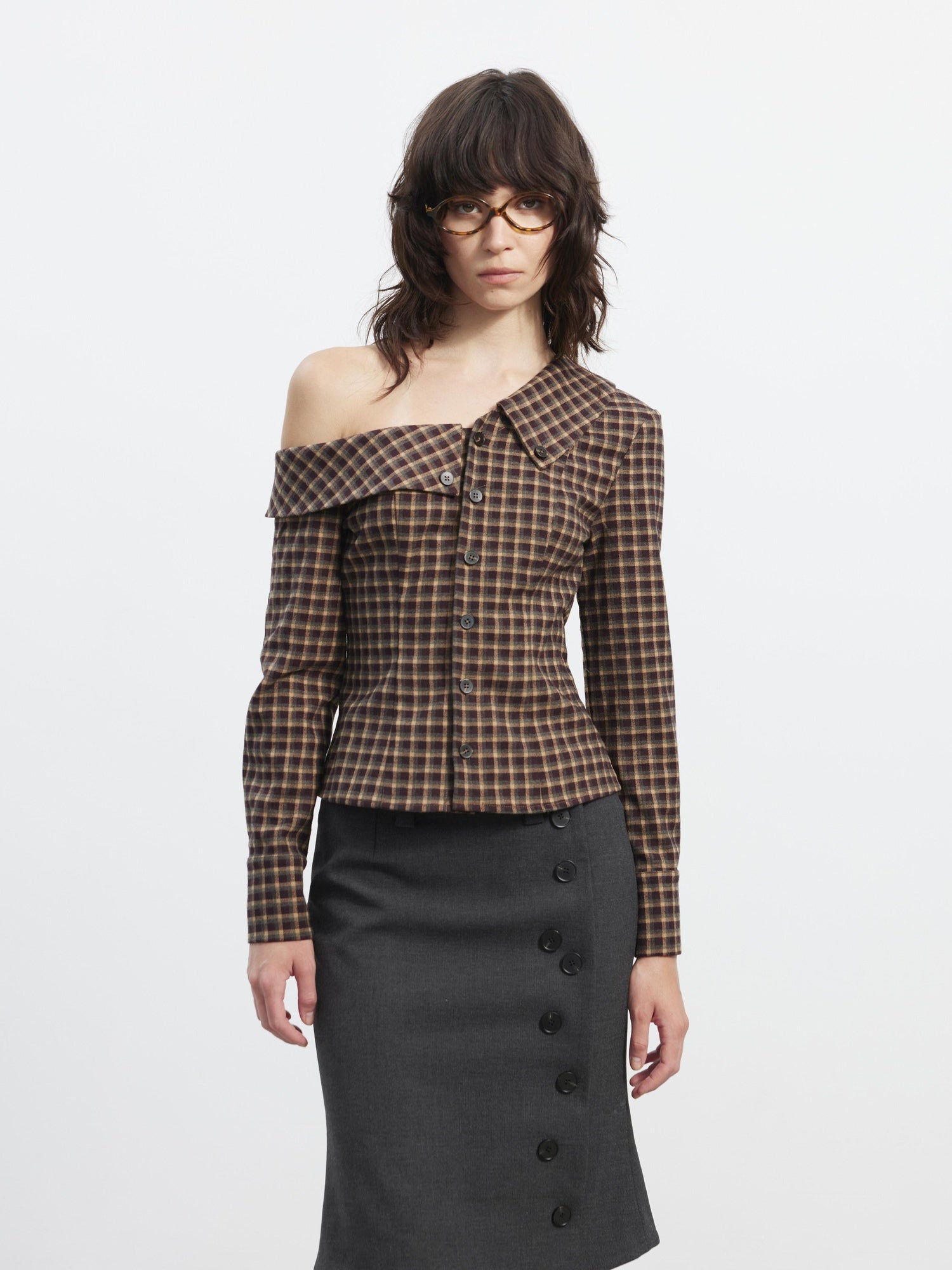 AFTADAWN Vintage Slim Asymmetric Button Waist Cinch Plaid Cropped Lapel Long Sleeve Blouse