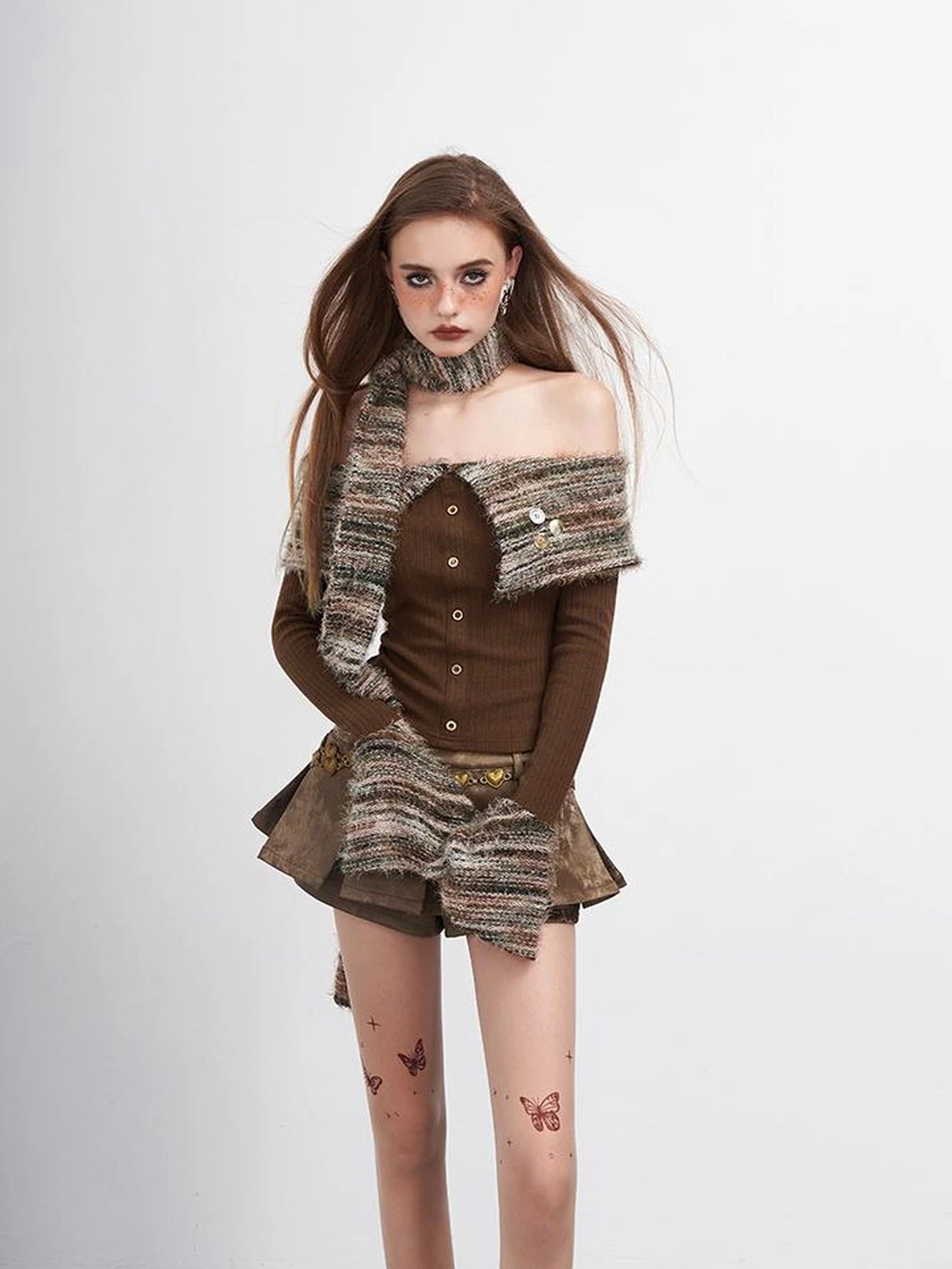 Vintage Striped Off Shoulder Knit Top With Scarf