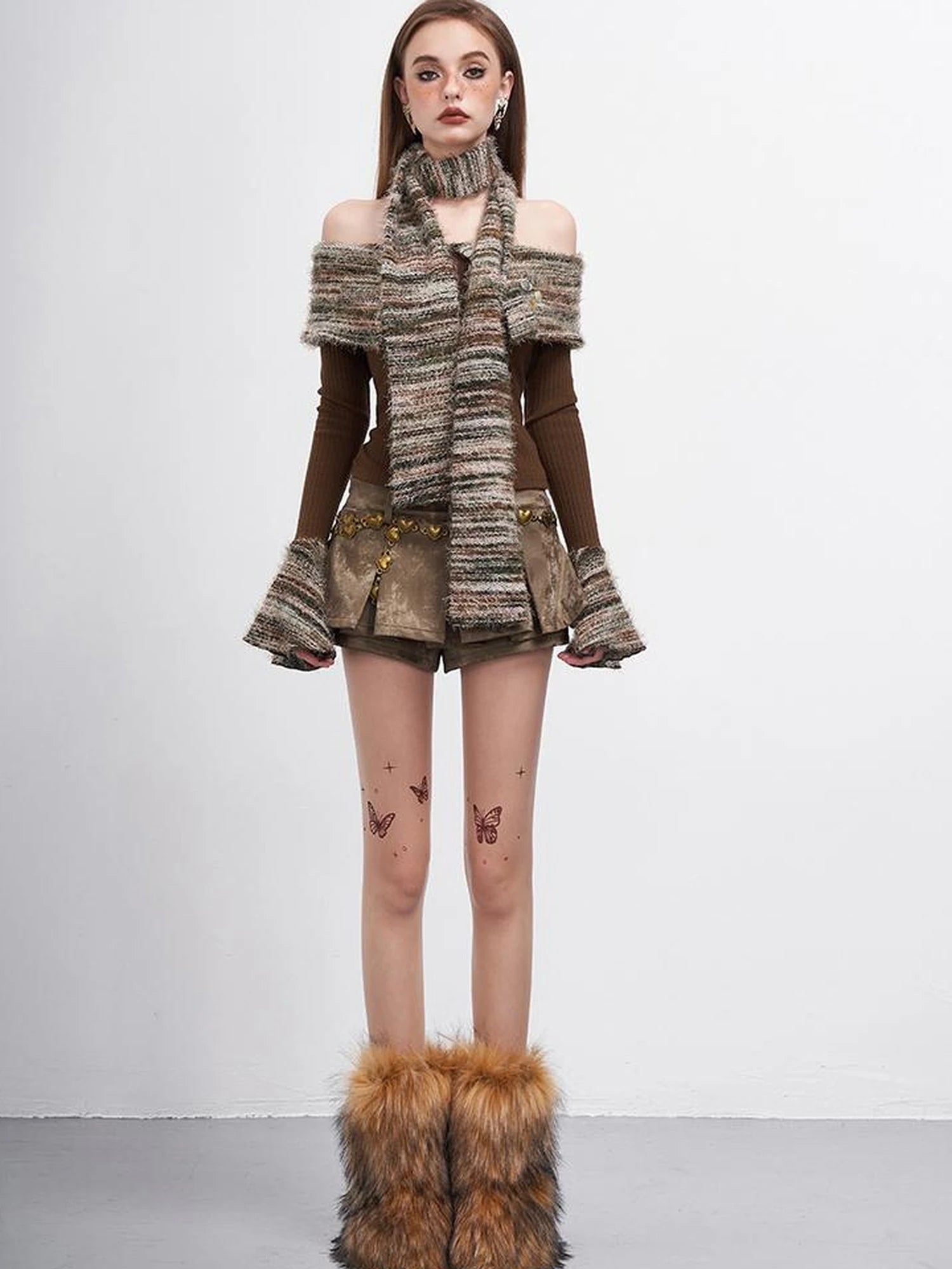 Vintage Striped Off Shoulder Knit Top With Scarf