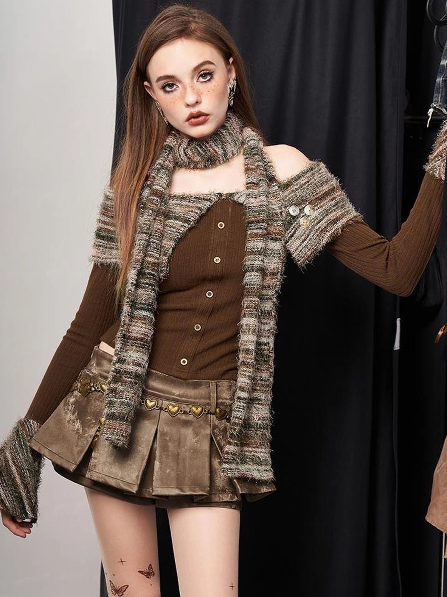 Vintage Striped Off Shoulder Knit Top With Scarf