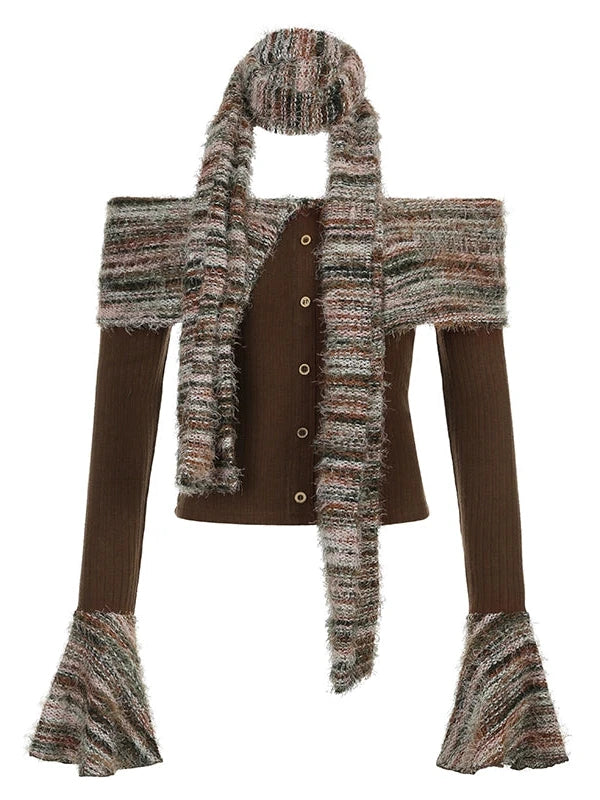 Vintage Striped Off Shoulder Knit Top With Scarf