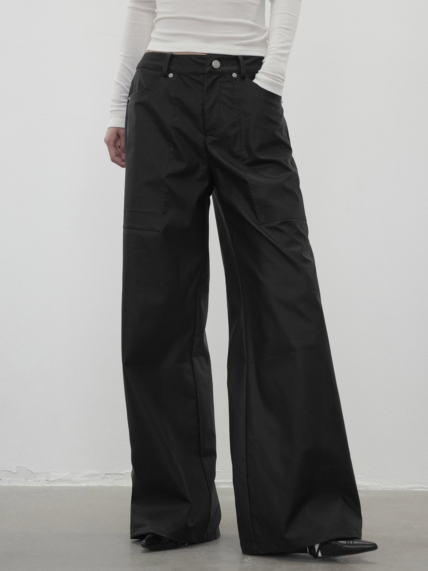 AFTADAWN Vintage Textured Pu Leather Wide Leg Trousers