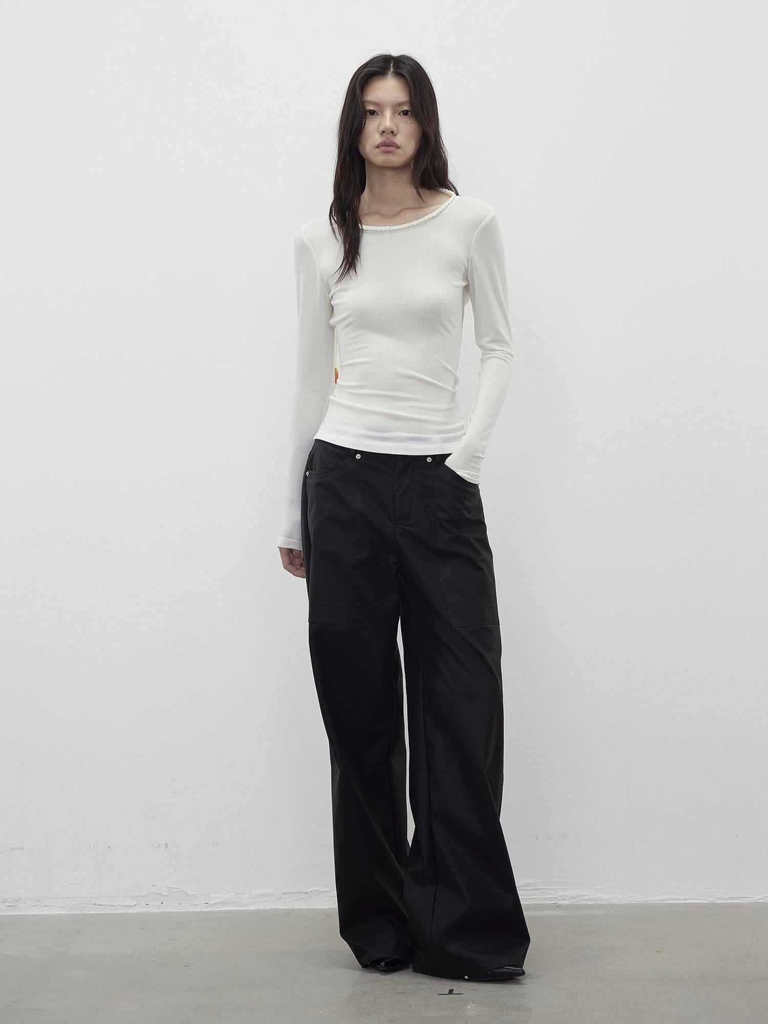 AFTADAWN Vintage Textured Pu Leather Wide Leg Trousers