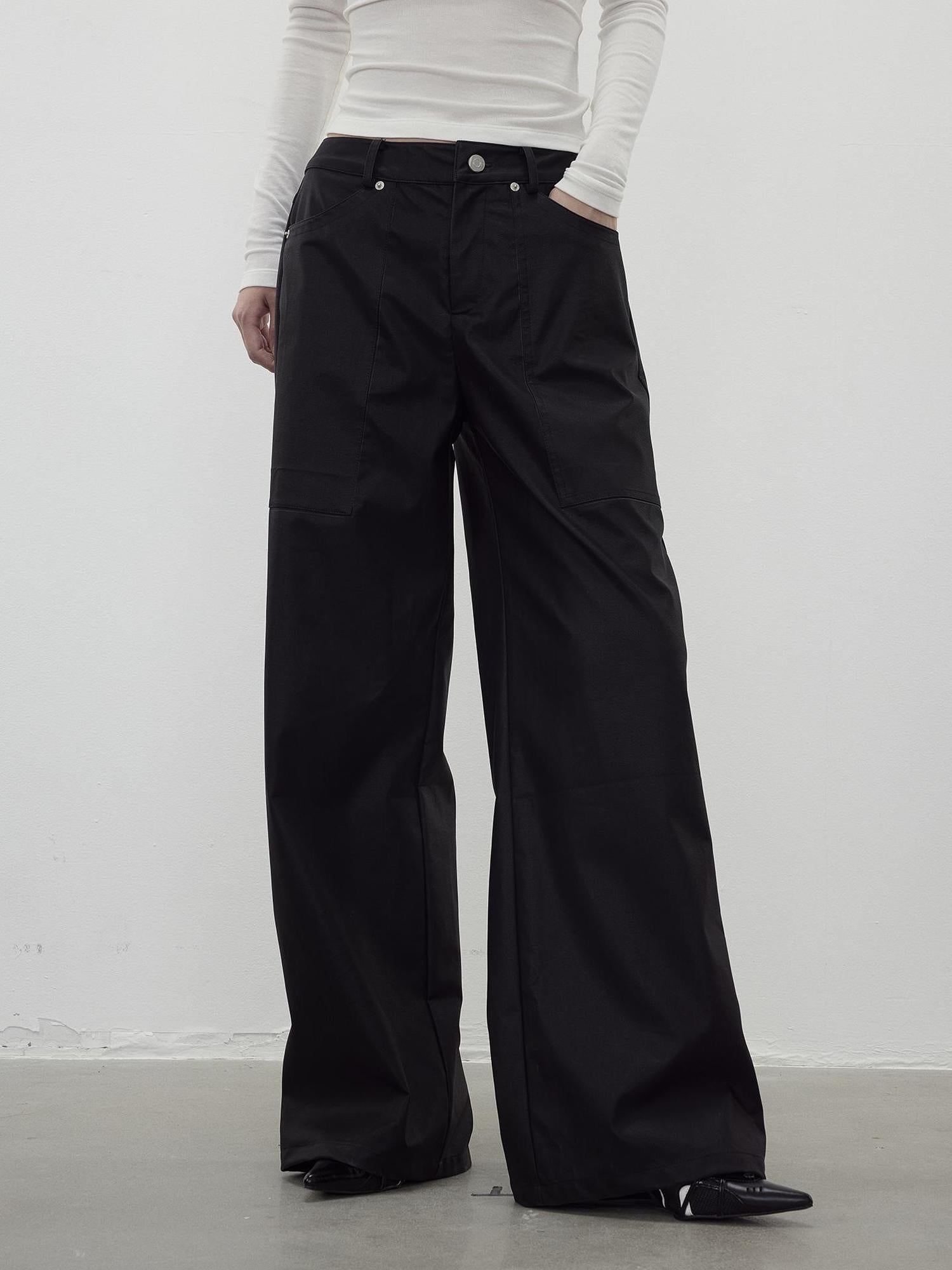 AFTADAWN Vintage Textured Pu Leather Wide Leg Trousers