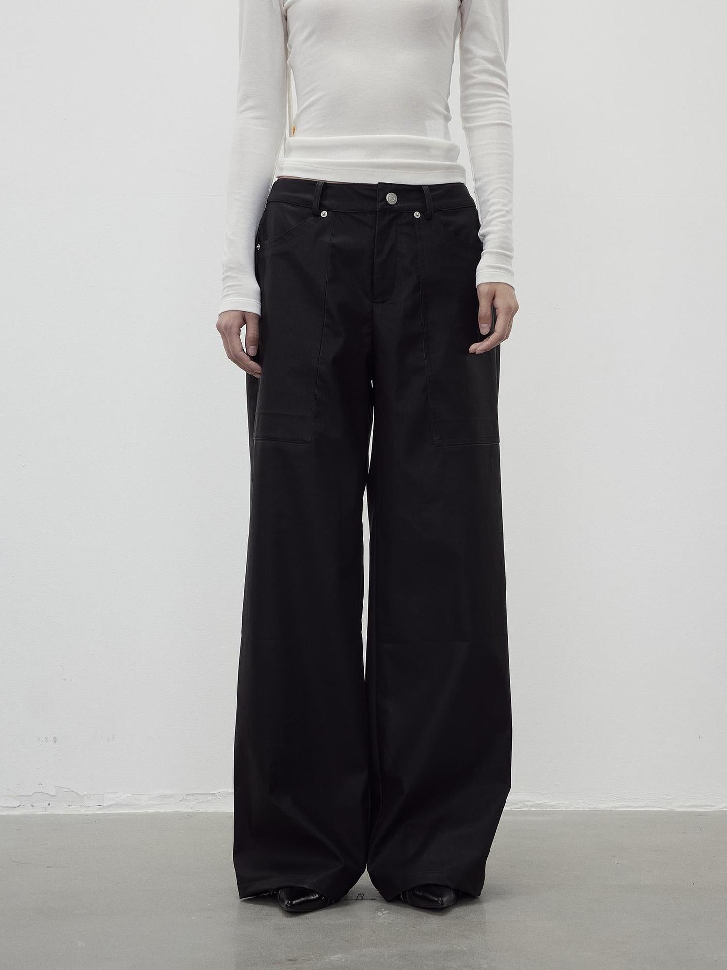 AFTADAWN Vintage Textured Pu Leather Wide Leg Trousers
