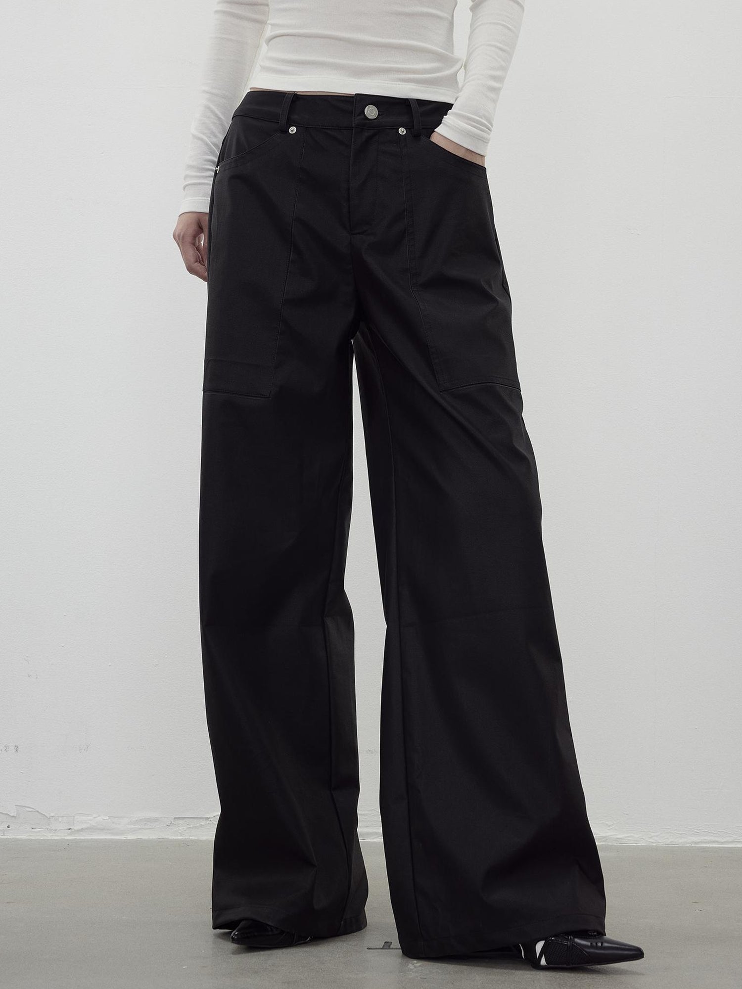 AFTADAWN Vintage Textured Pu Leather Wide Leg Trousers